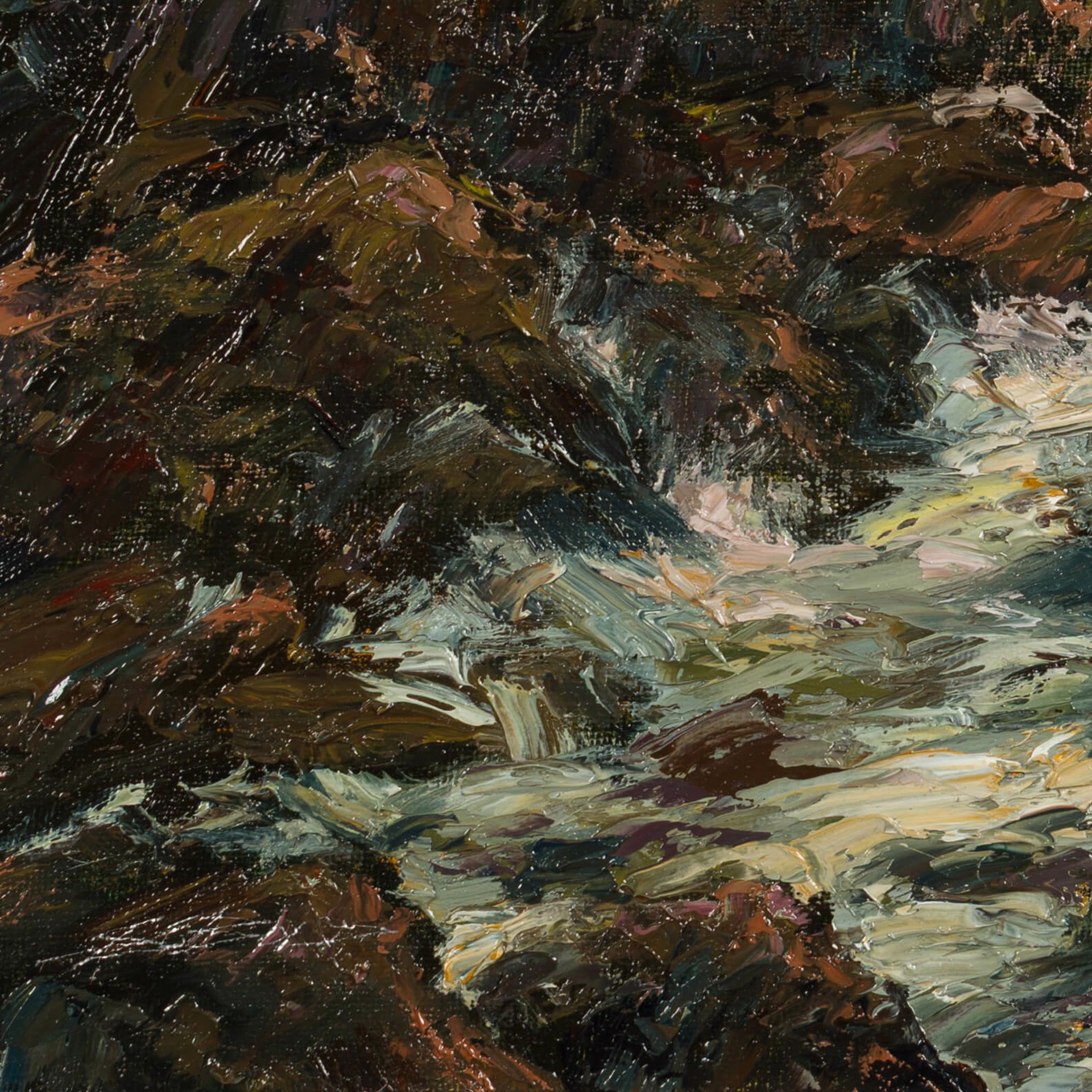 A dramatic seascape painting of crashing waves against a rocky shore.
