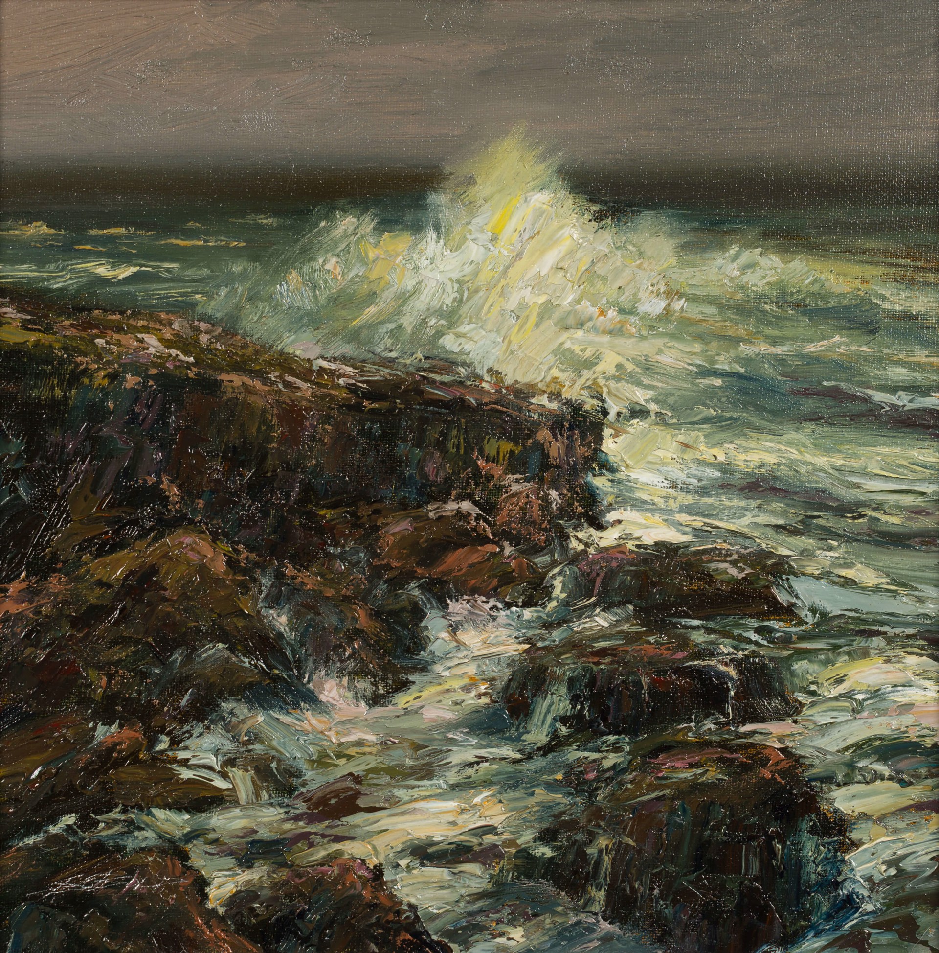 A dramatic seascape painting of crashing waves against a rocky shore.