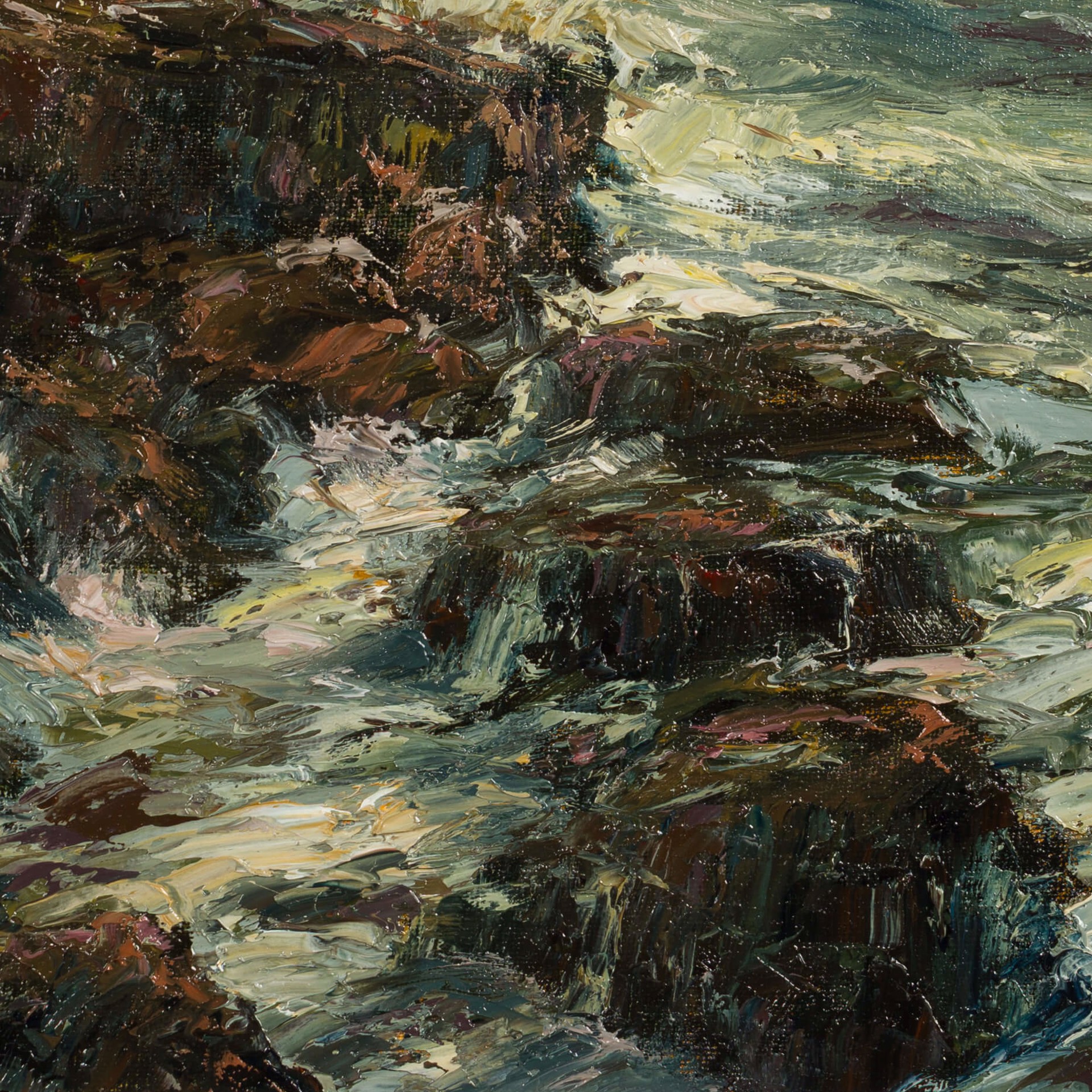 A dramatic seascape painting of crashing waves against a rocky shore.