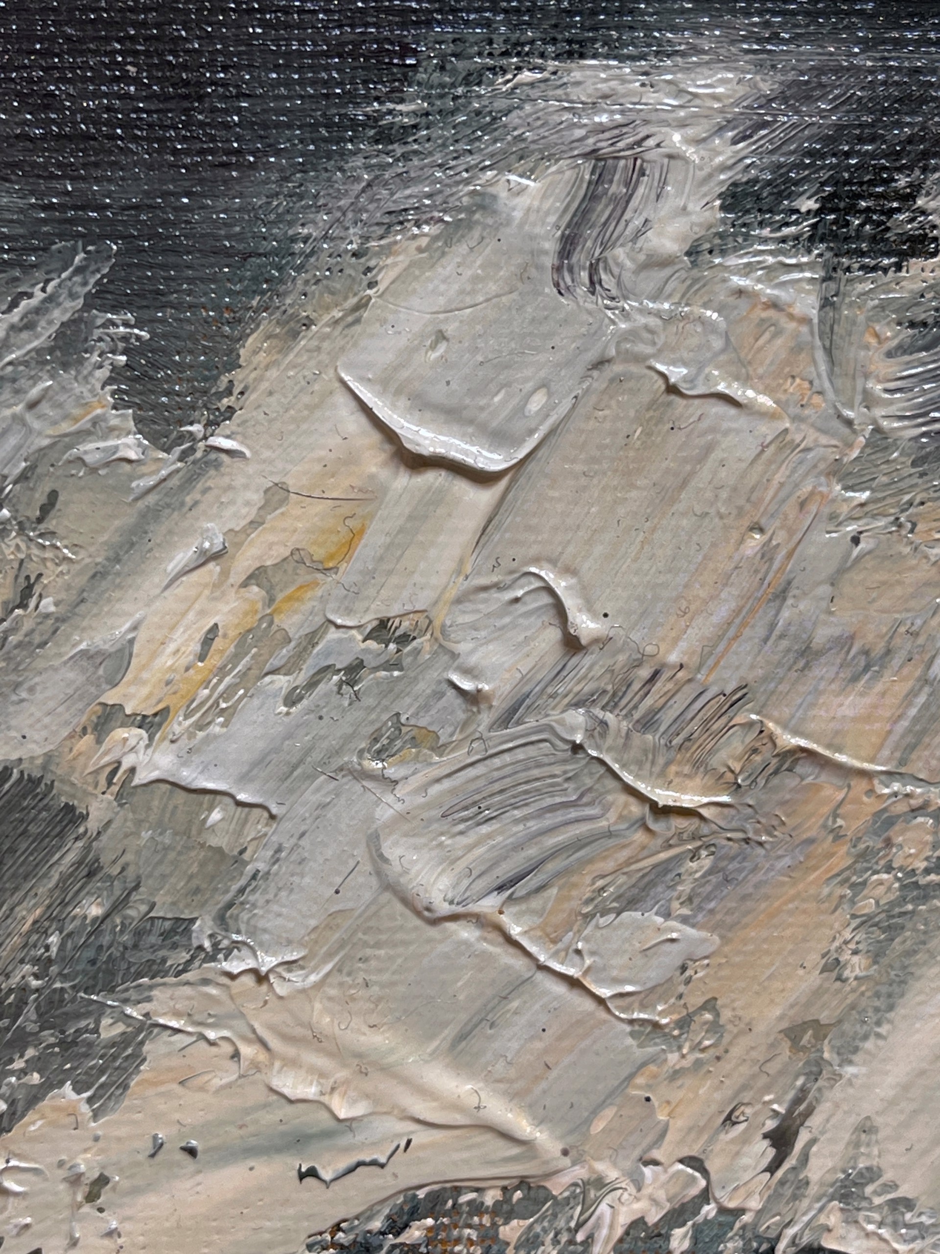 A painting of waves crashing on rocks in the ocean.