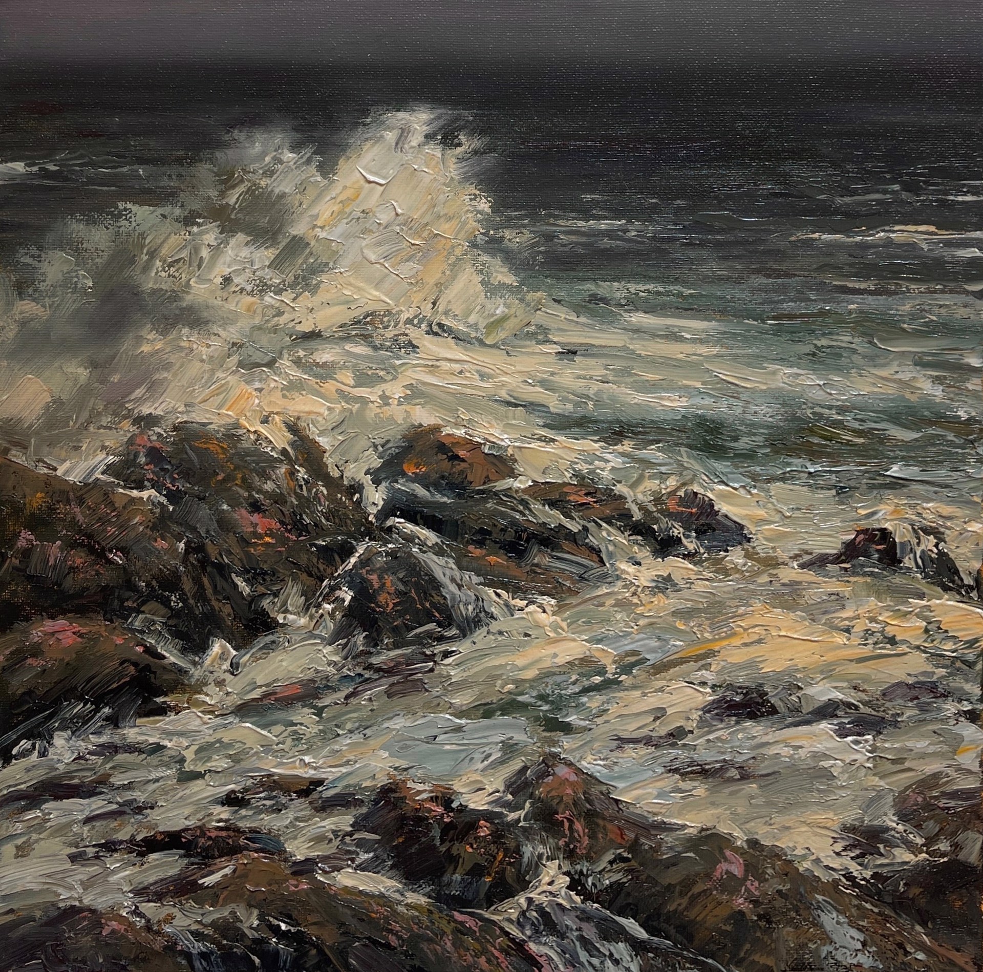 A painting of waves crashing on rocks in the ocean.