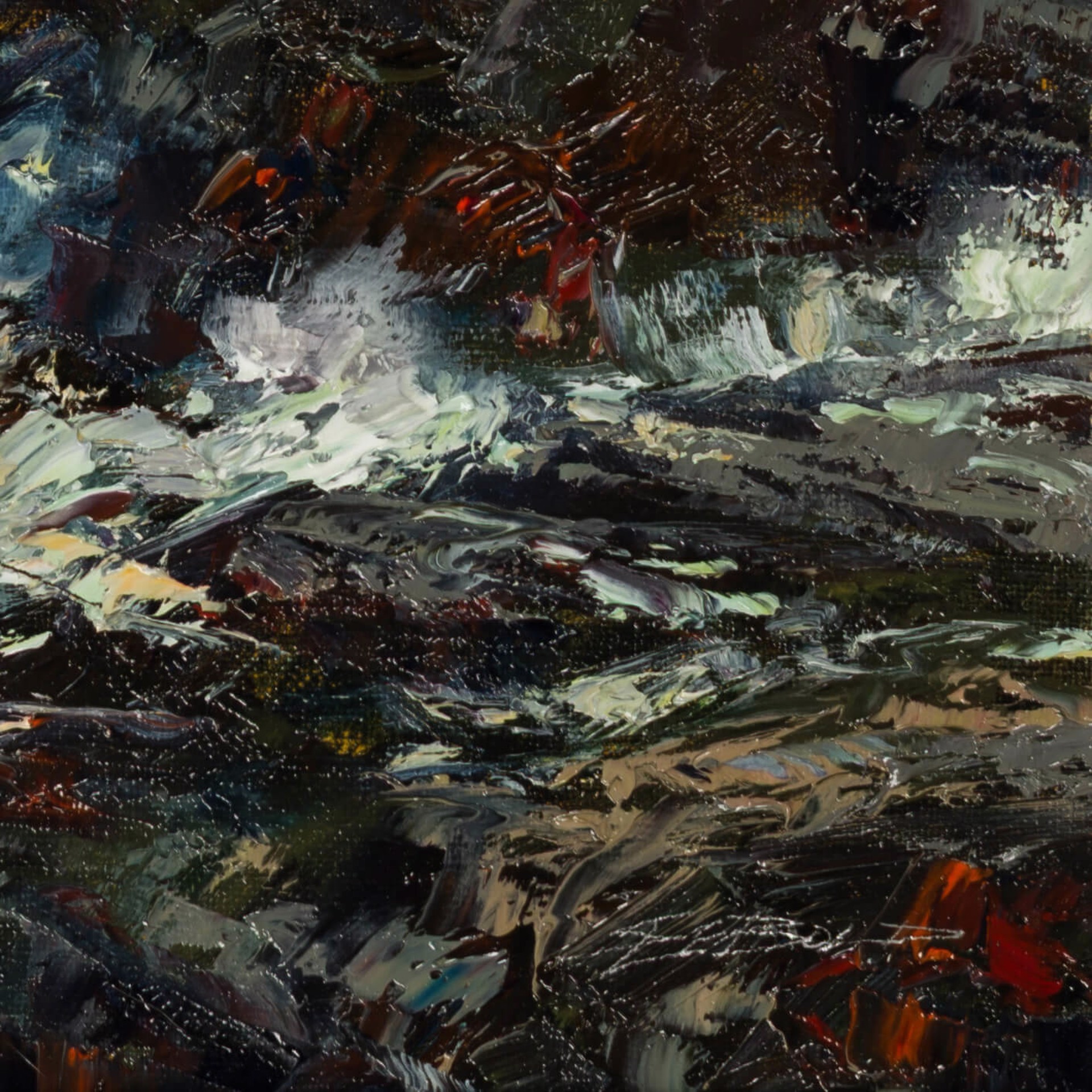 A painting of a rocky shoreline with waves crashing on the rocks.
