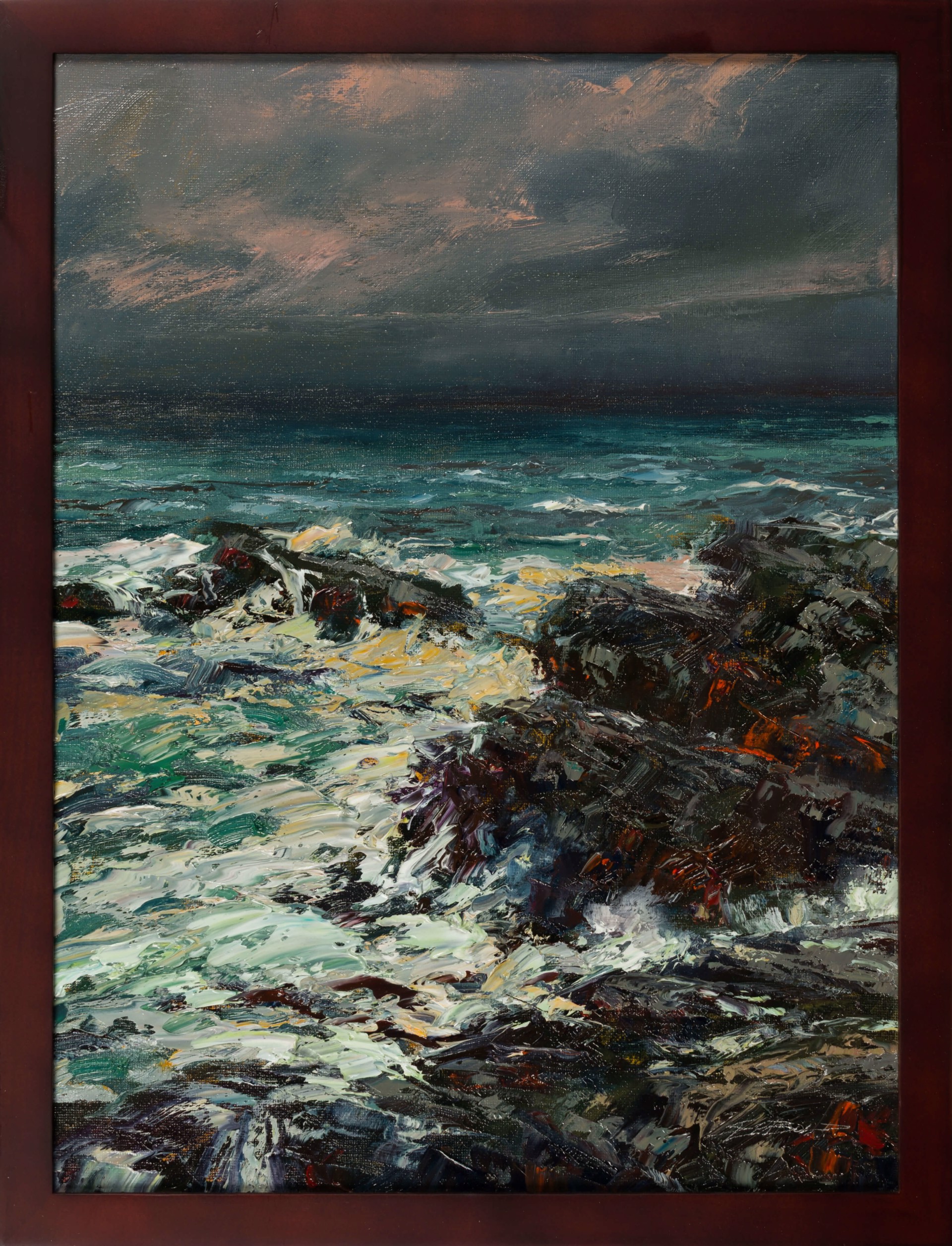 A painting of a rocky shoreline with waves crashing on the rocks.