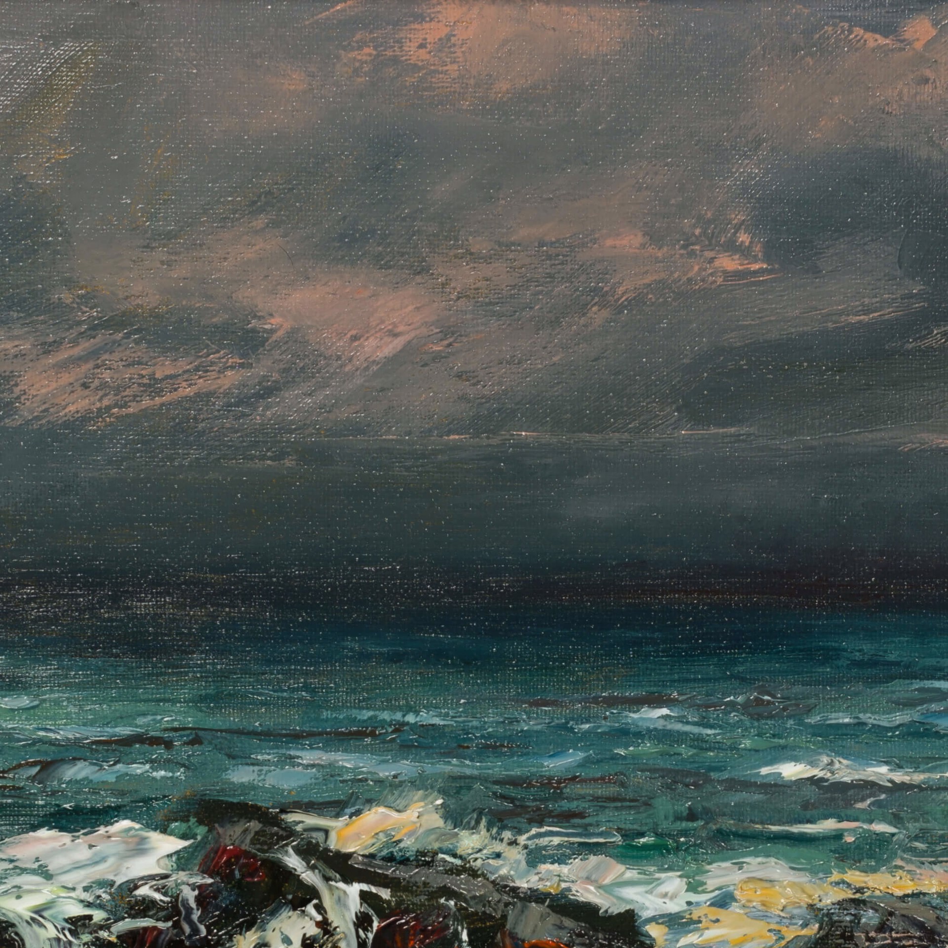 A painting of a rocky shoreline with waves crashing on the rocks.
