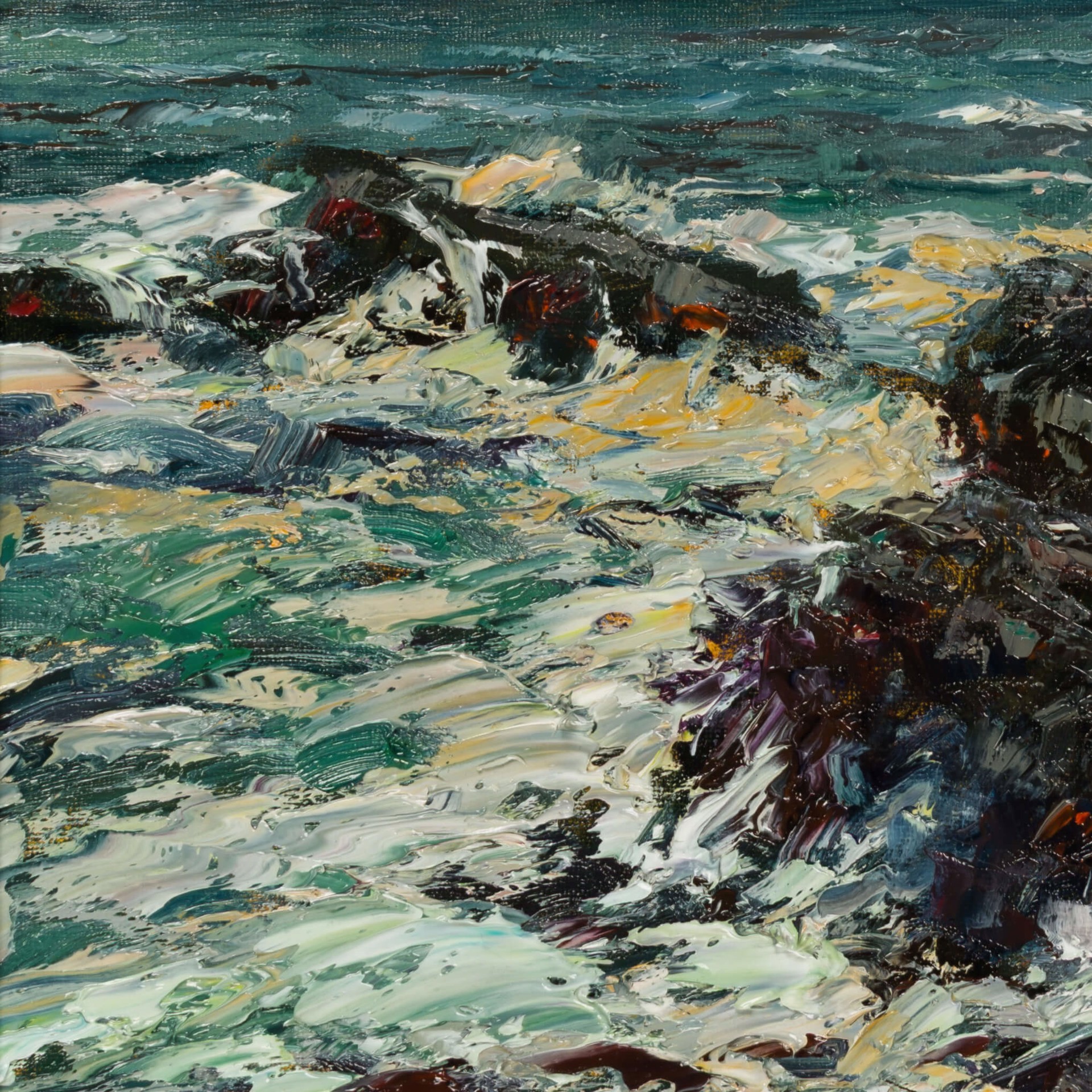 A painting of a rocky shoreline with waves crashing on the rocks.