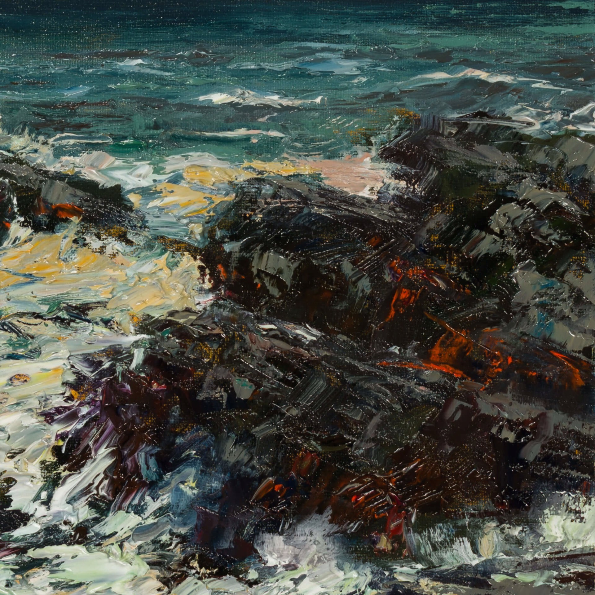 A painting of a rocky shoreline with waves crashing on the rocks.
