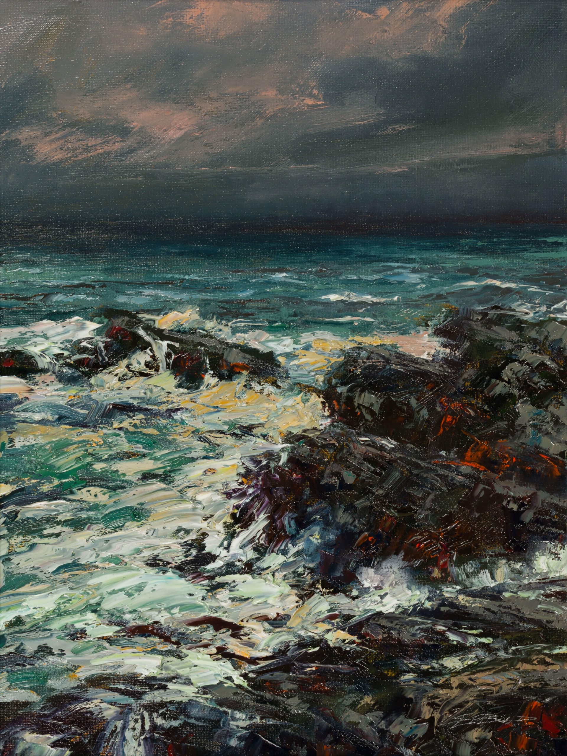 A painting of a rocky shoreline with waves crashing on the rocks.