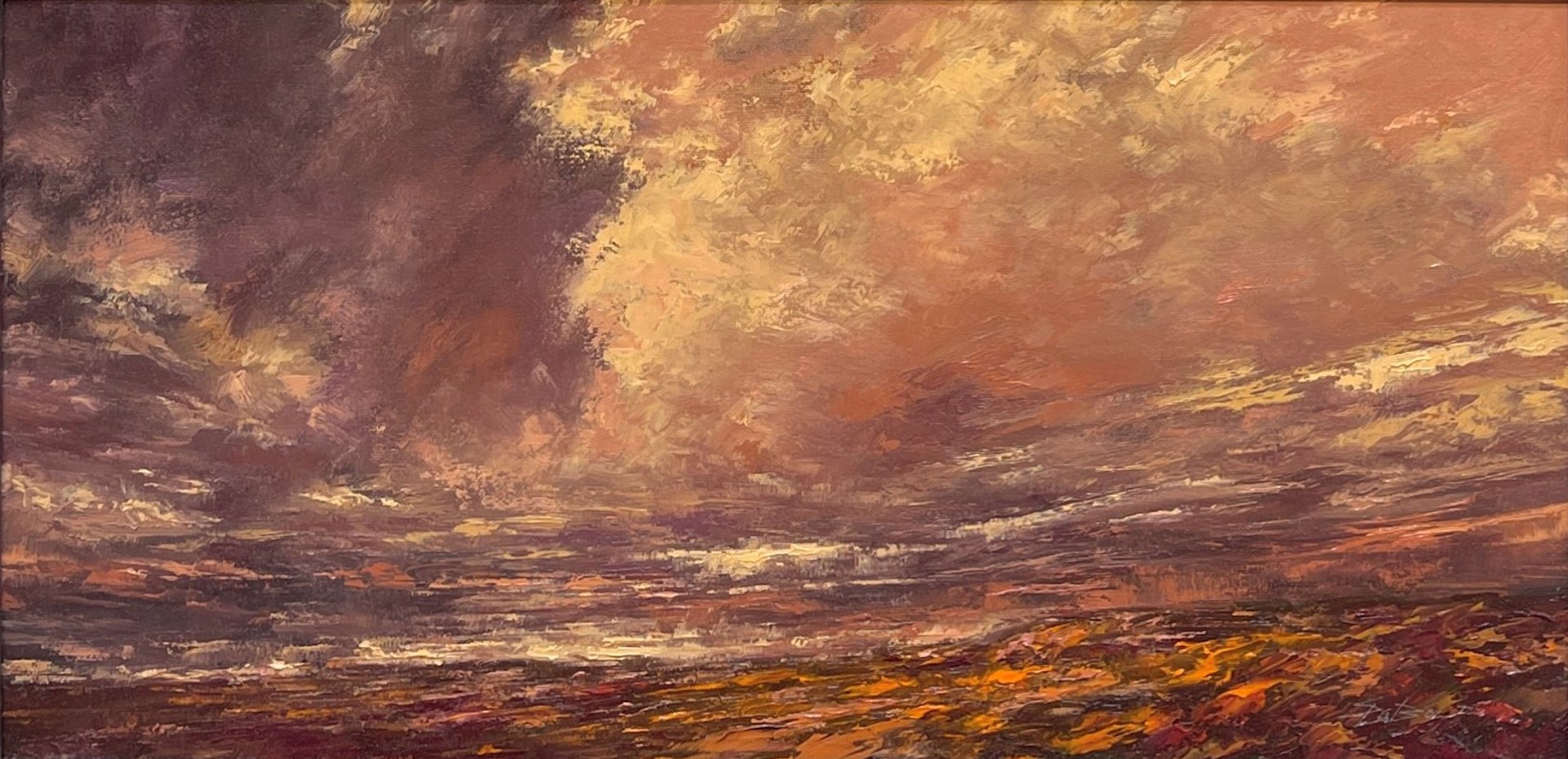 A painting of a cloudy sky over a body of water.