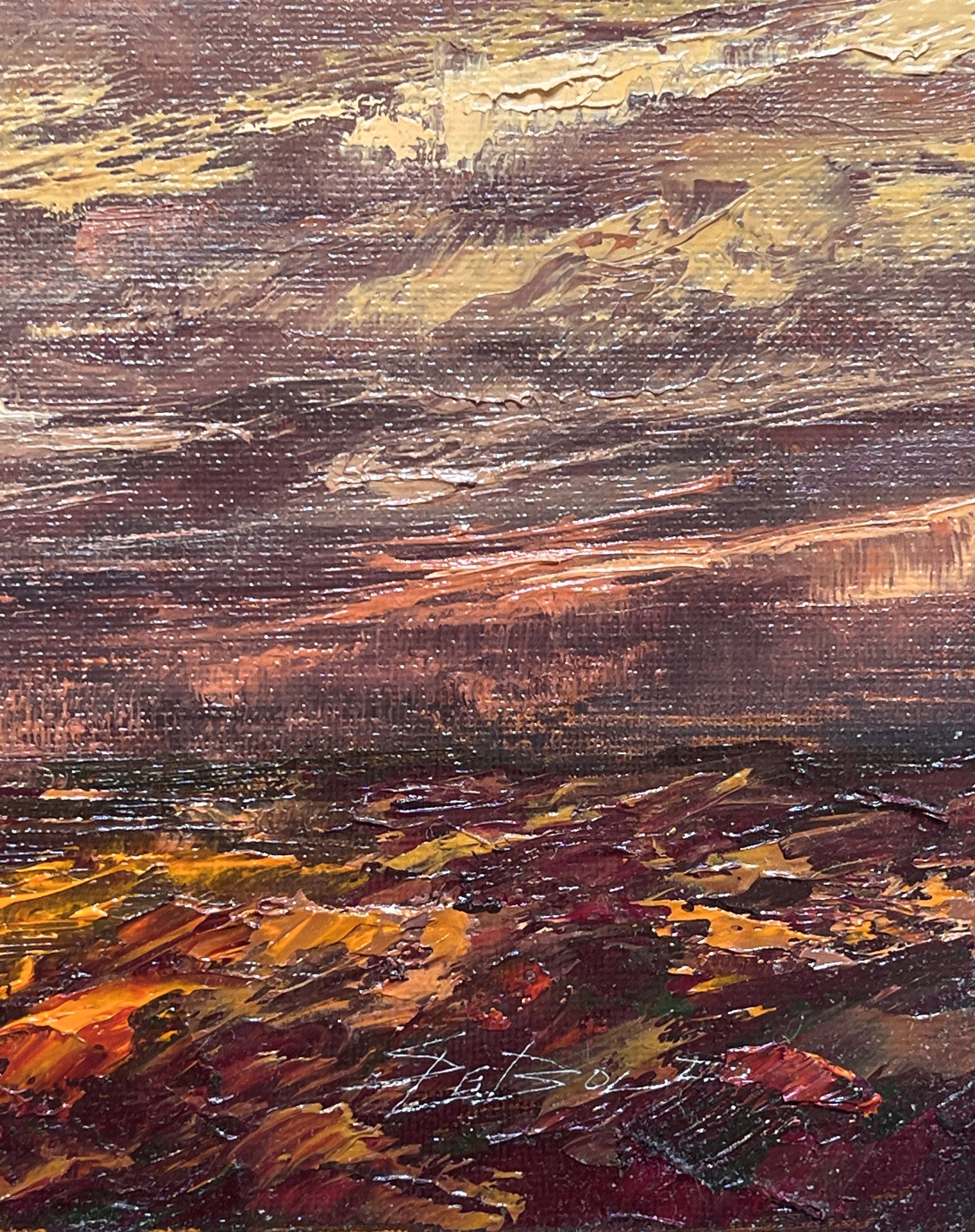 A painting of a cloudy sky over a body of water.