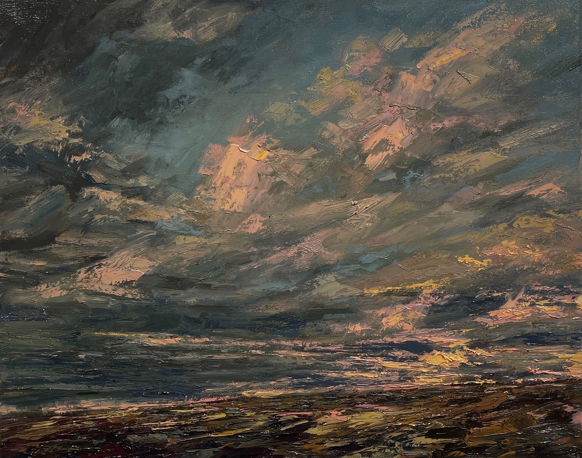 A painting of a cloudy sky over a body of water.