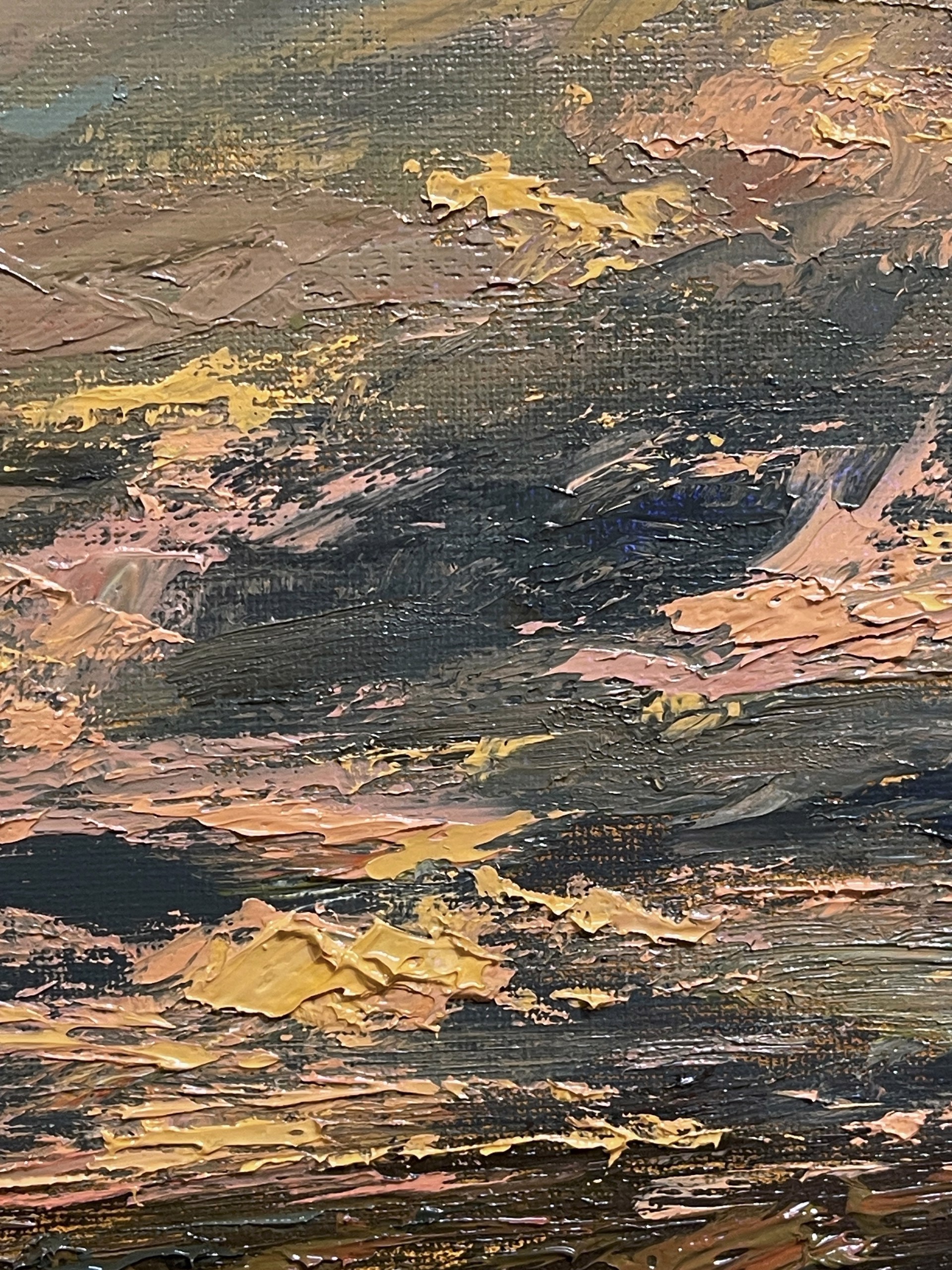 A painting of a cloudy sky over a body of water.