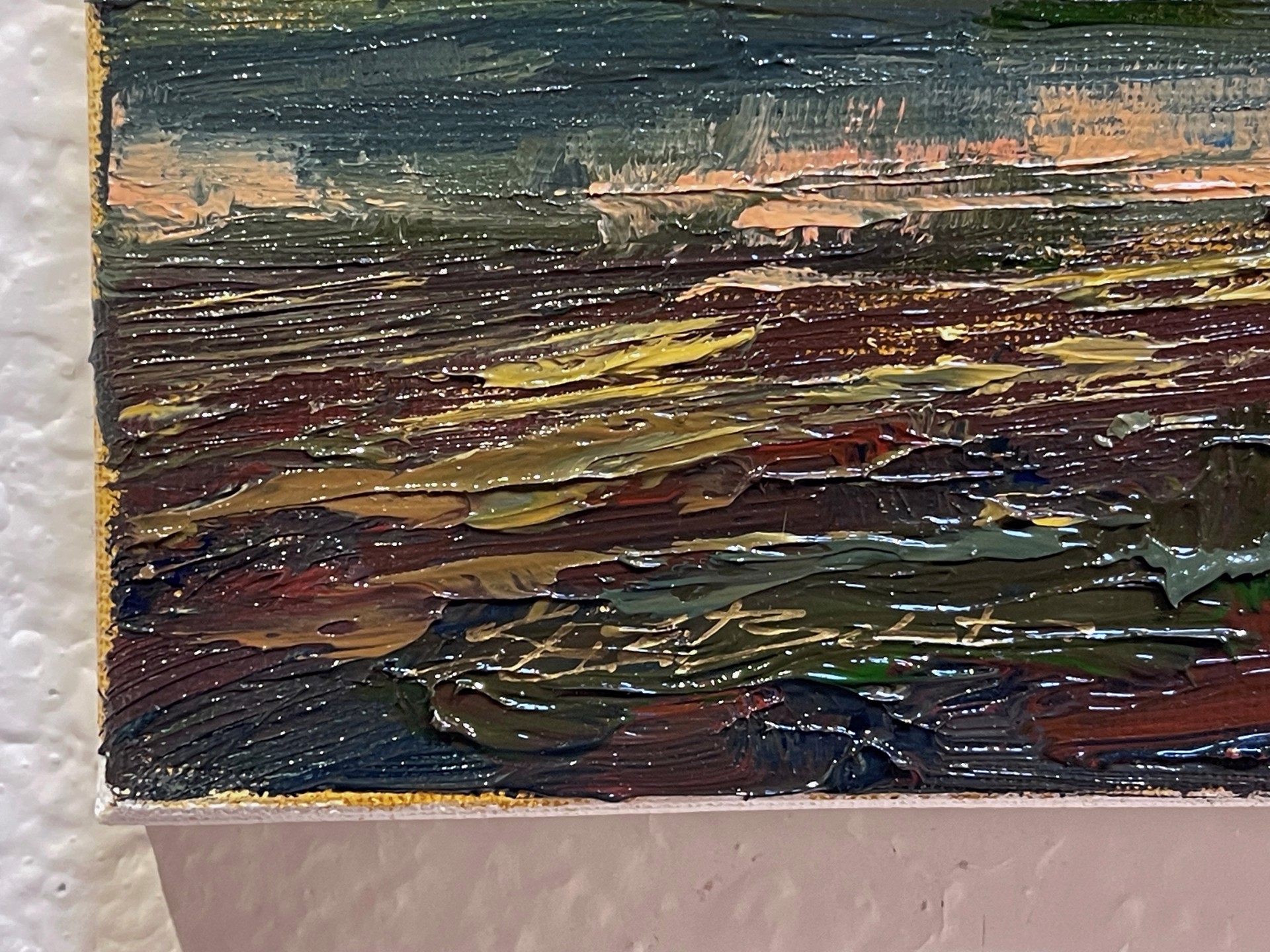 A painting of a cloudy sky over a body of water.
