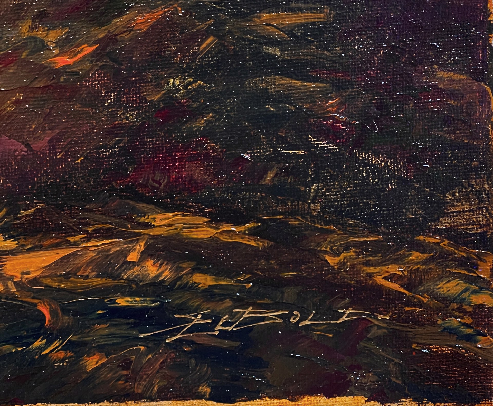 A painting of a sunset over a field of grass.