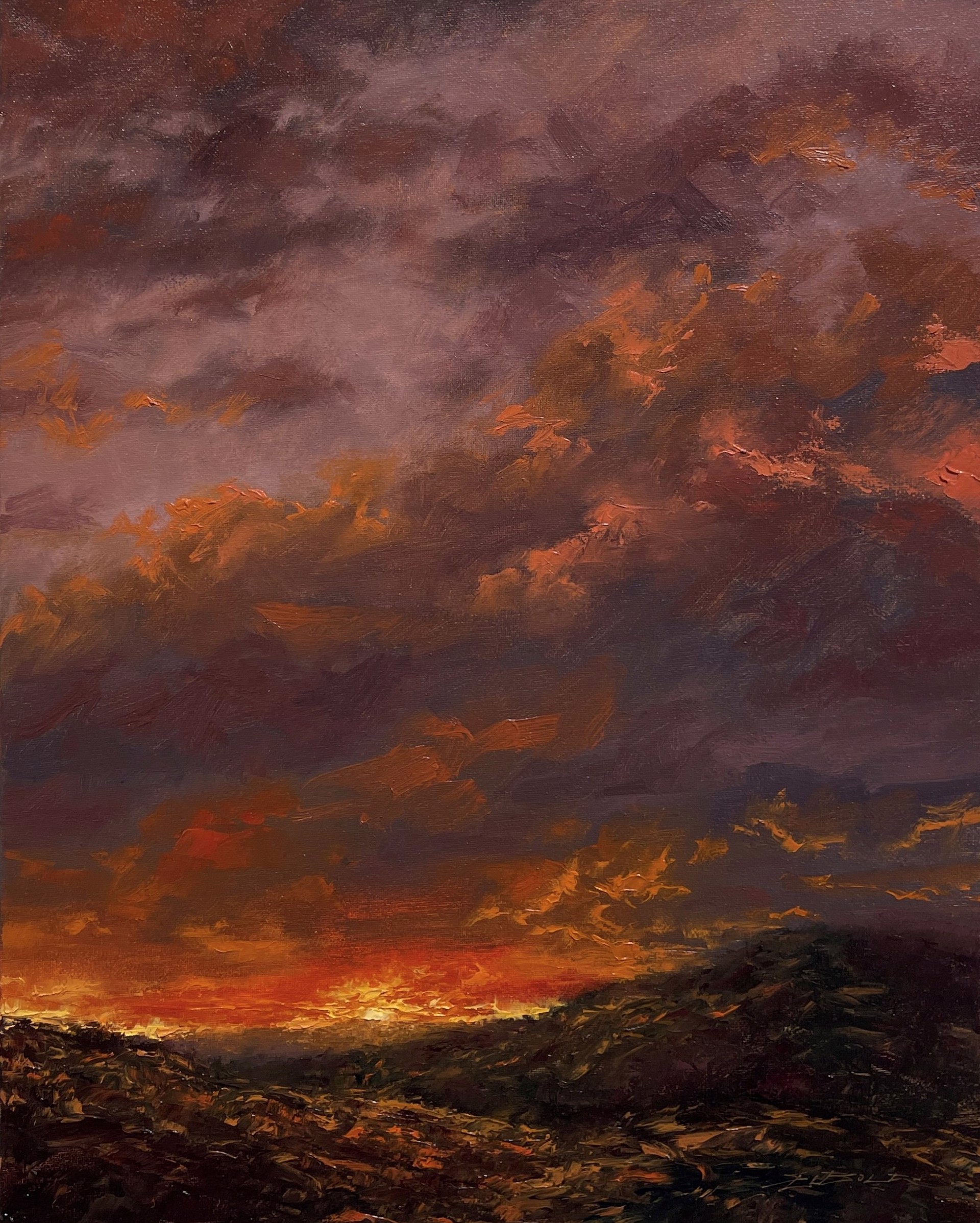 A painting of a sunset over a field of grass.