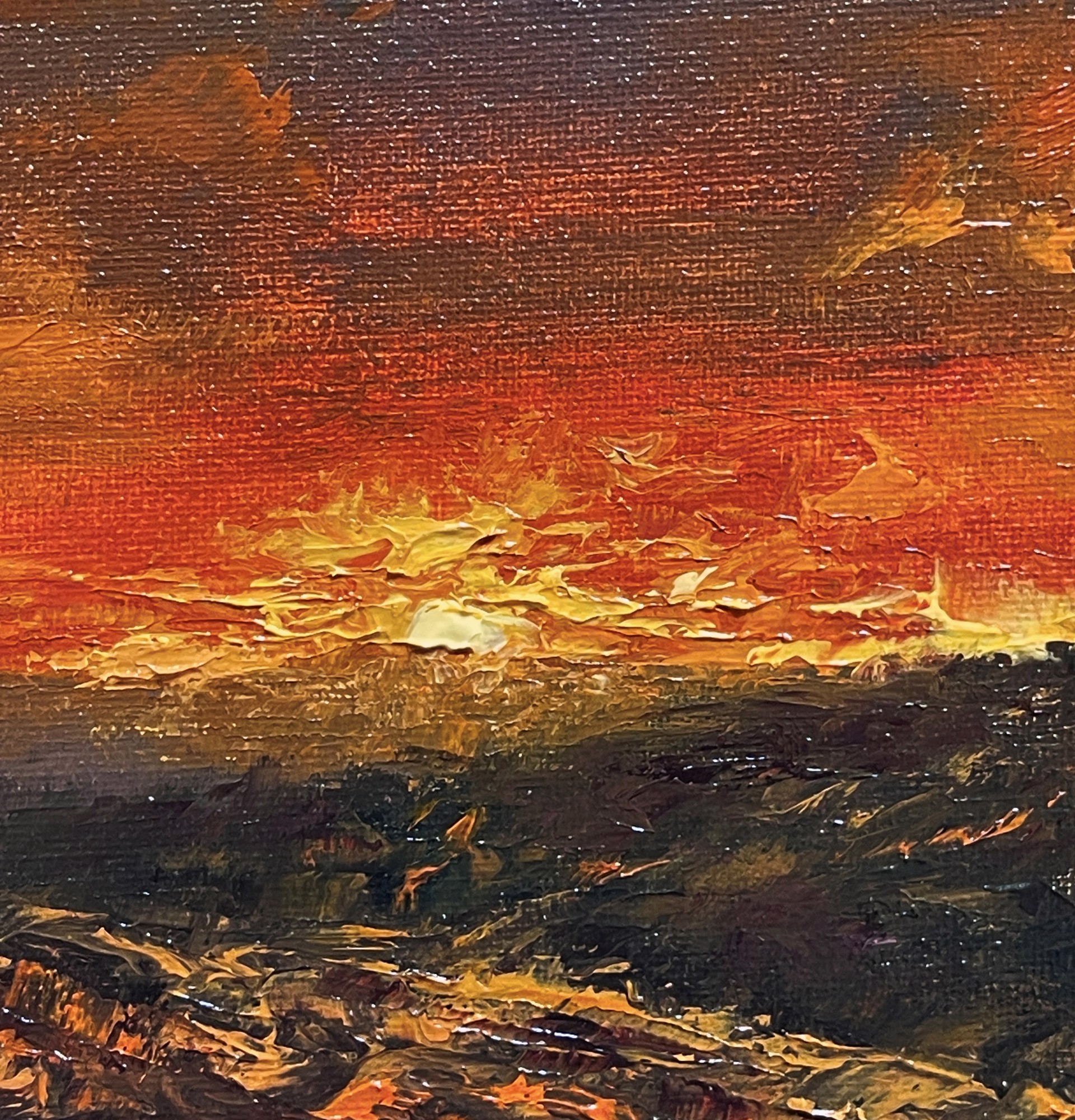 A painting of a sunset over a field of grass.