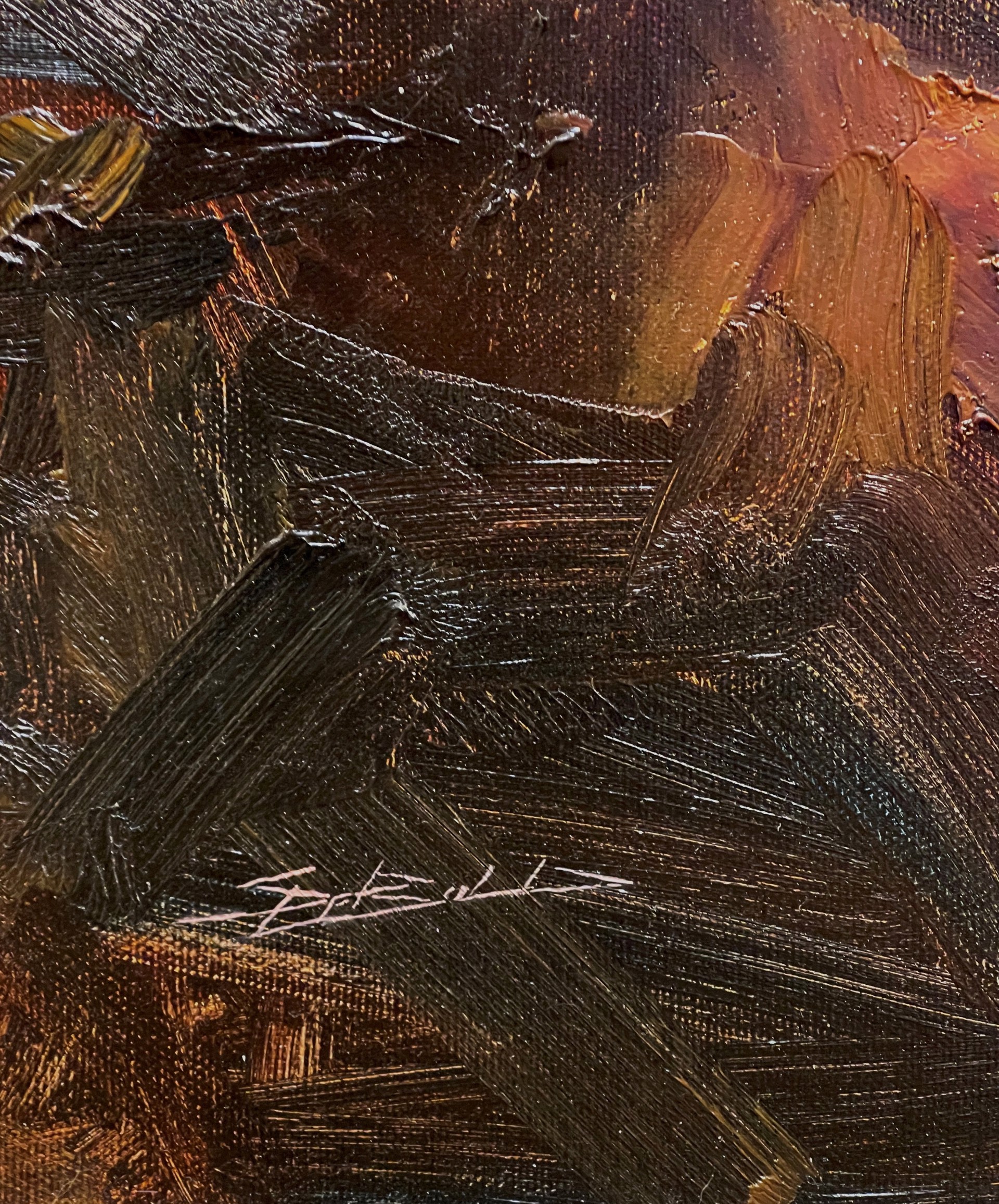 A painting of a rocky shoreline with waves crashing on the rocks.