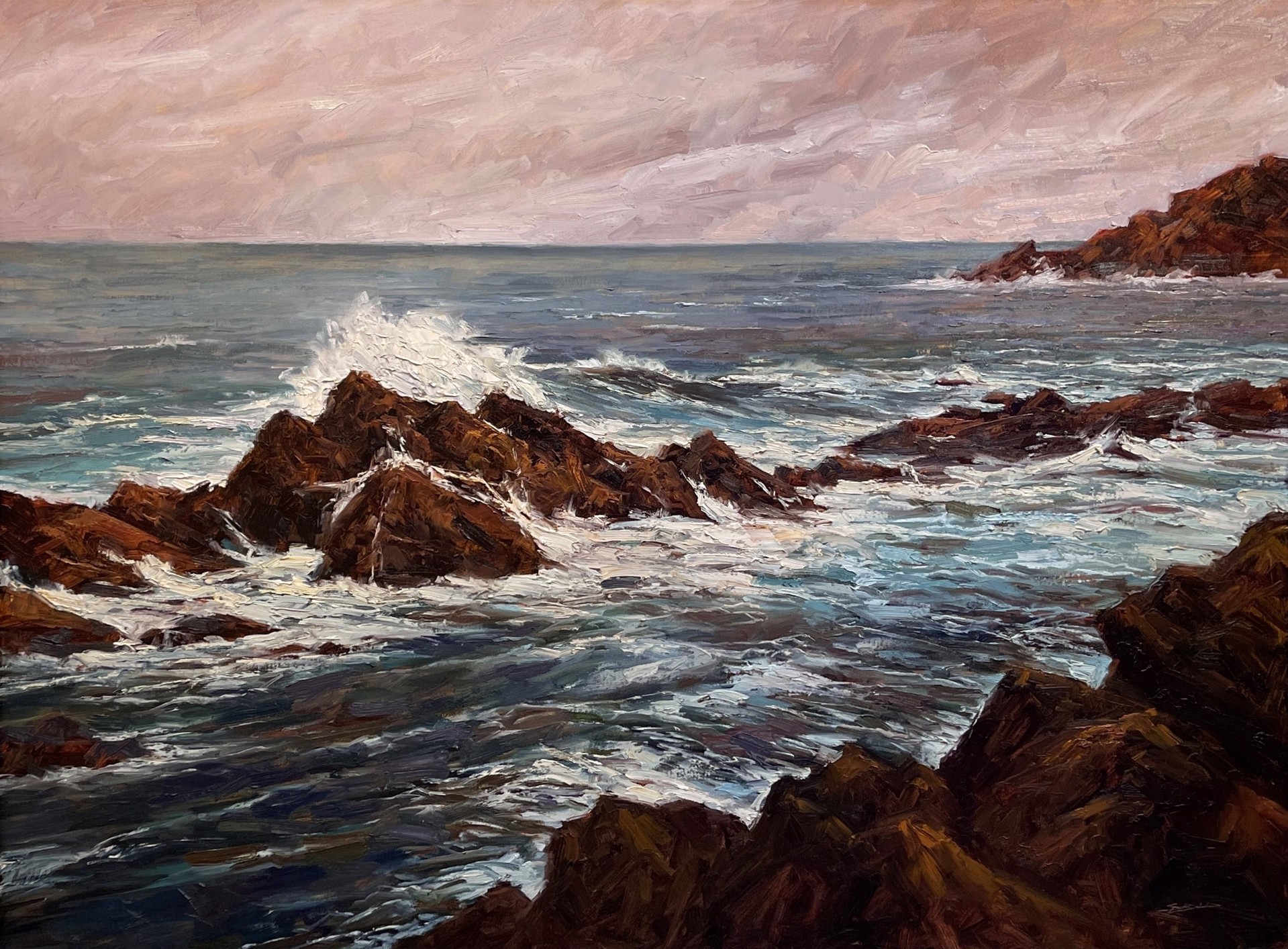 A painting of a rocky shoreline with waves crashing on the rocks.