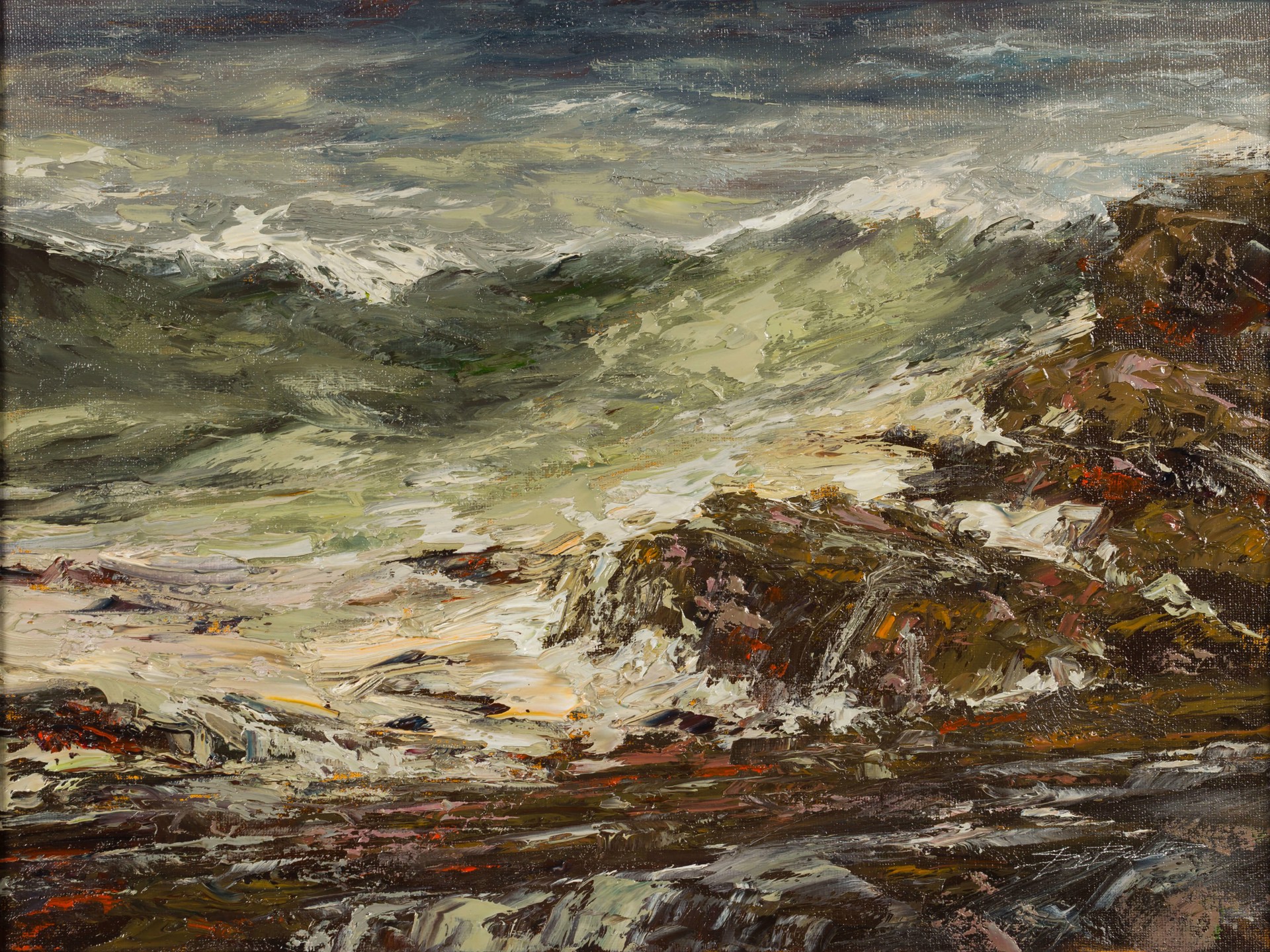 A dramatic seascape painting featuring turbulent waves crashing against a rocky shore.