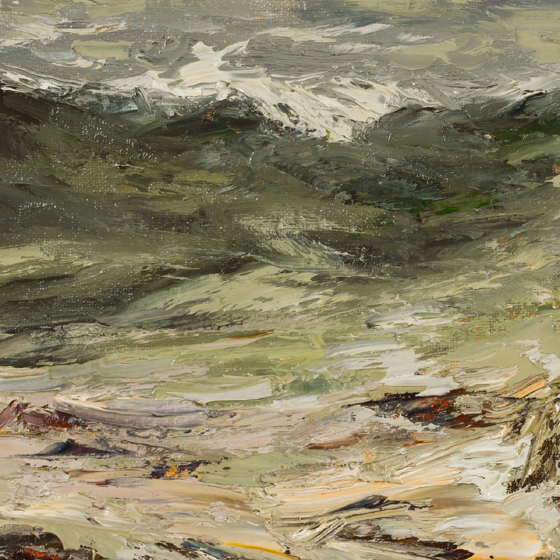 A dramatic seascape painting featuring turbulent waves crashing against a rocky shore.