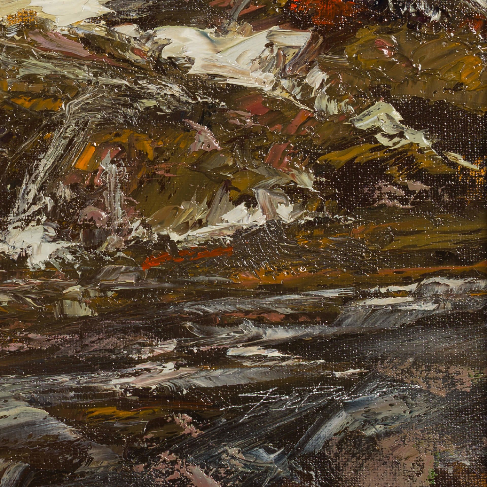 A dramatic seascape painting featuring turbulent waves crashing against a rocky shore.