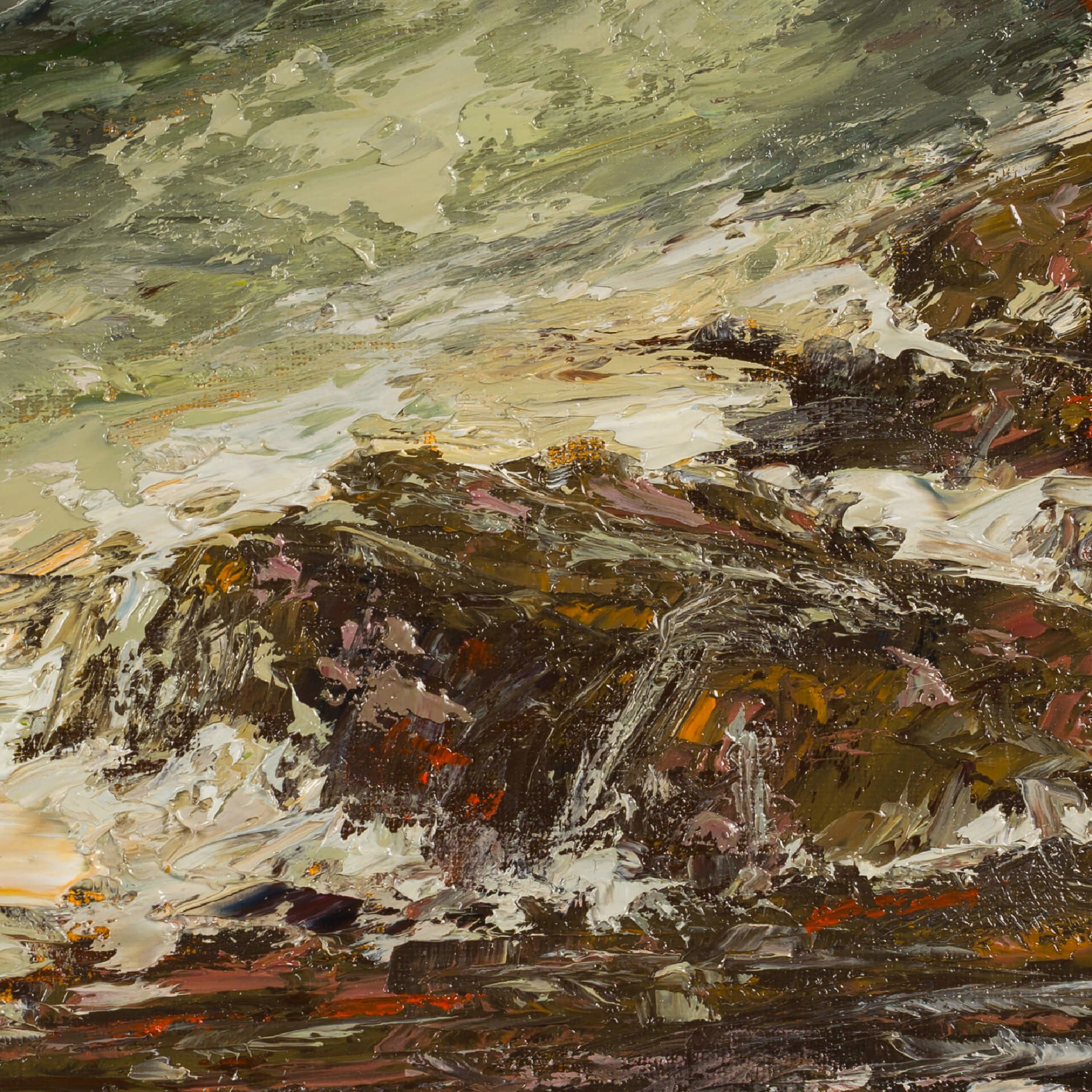 A dramatic seascape painting featuring turbulent waves crashing against a rocky shore.
