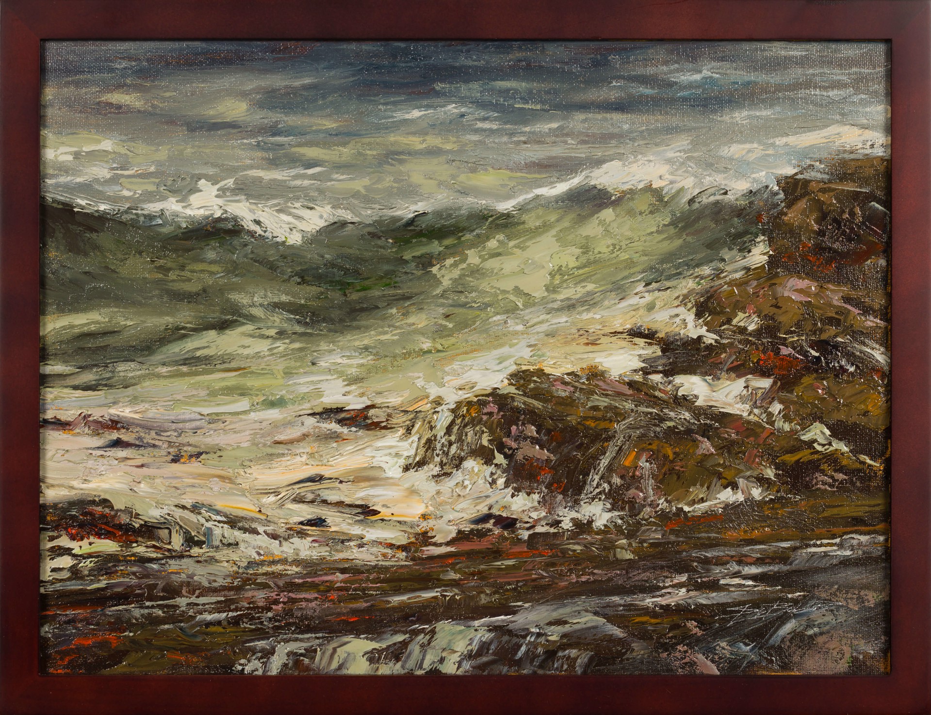 A dramatic seascape painting featuring turbulent waves crashing against a rocky shore.