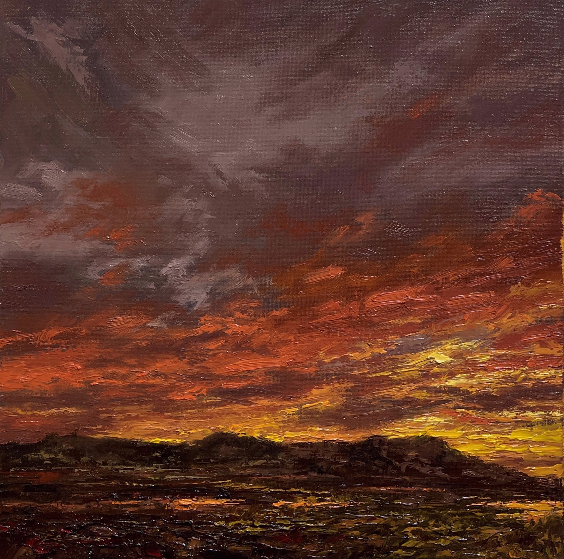 A painting of a sunset over a field of grass.