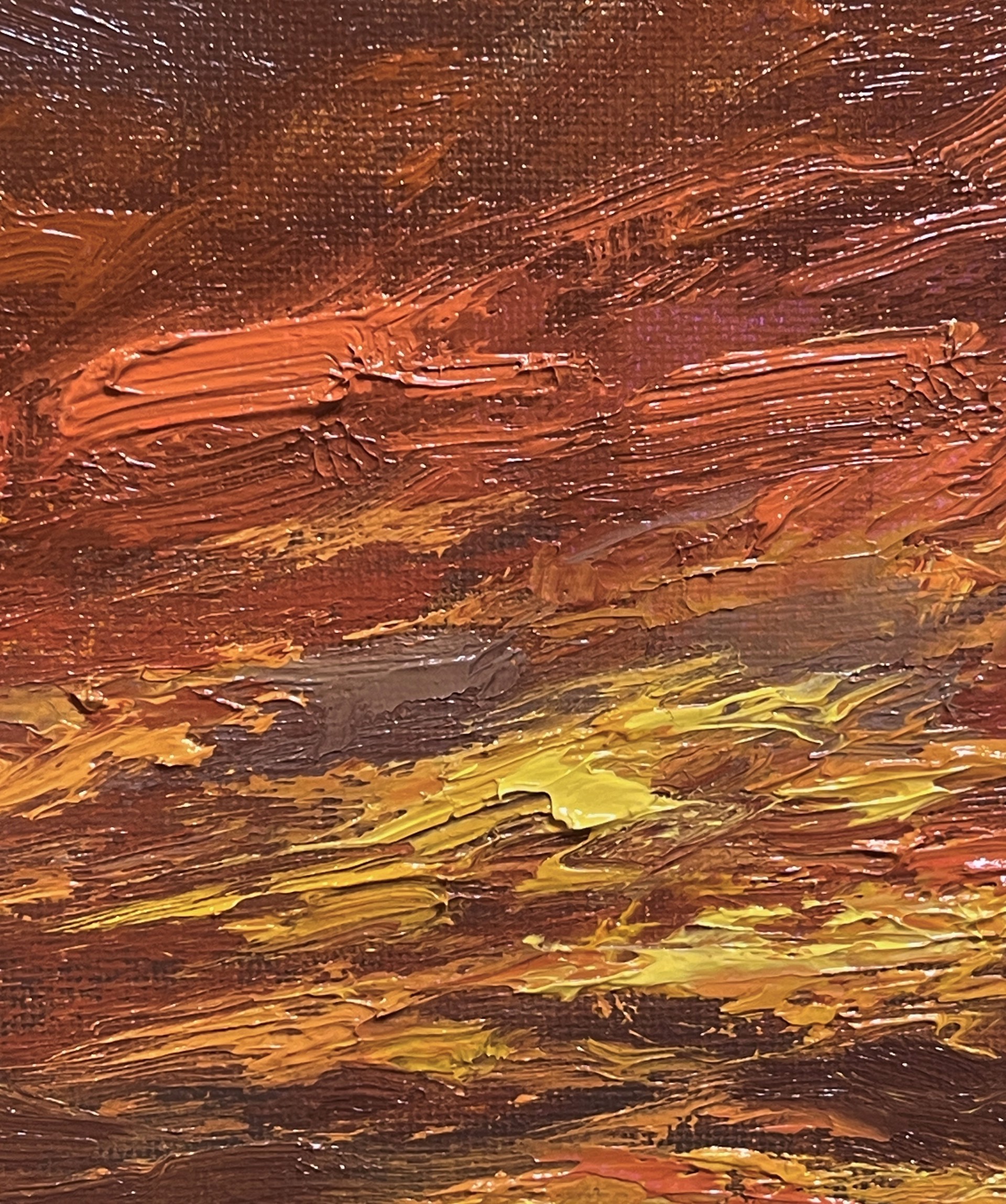 A painting of a sunset over a field of grass.