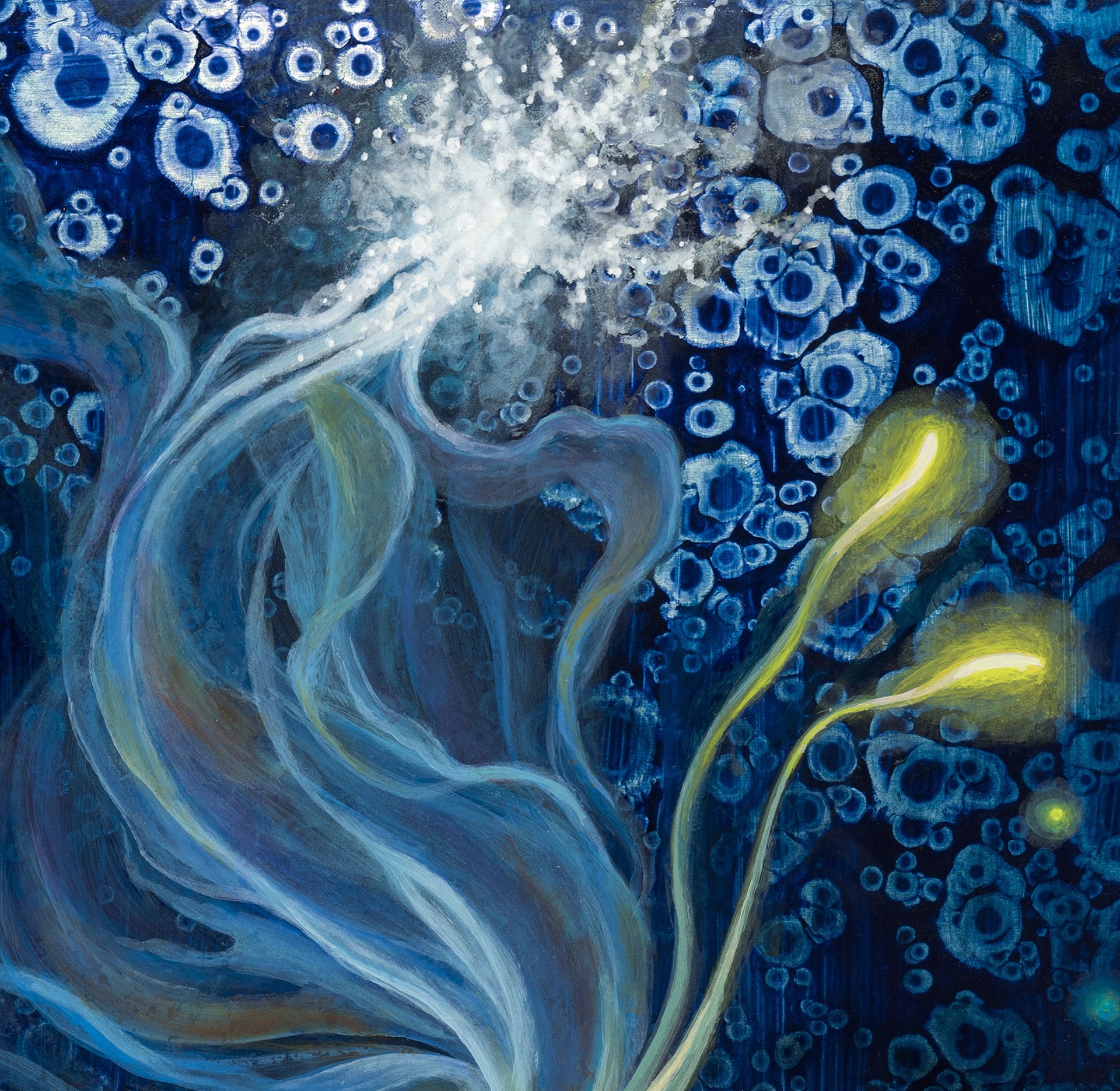 A painting of a fish swimming in the ocean.