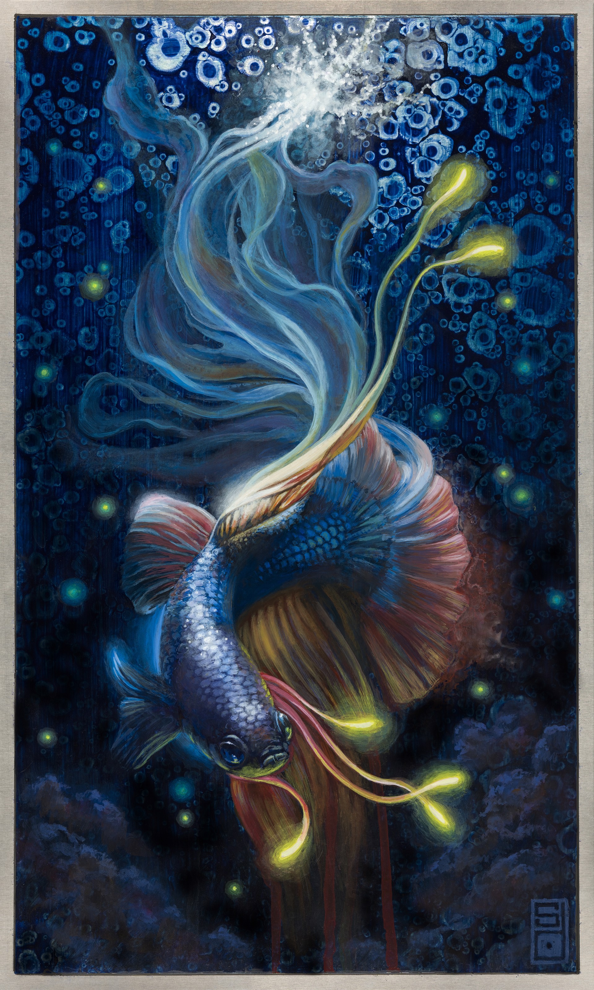 A painting of a fish swimming in the ocean.