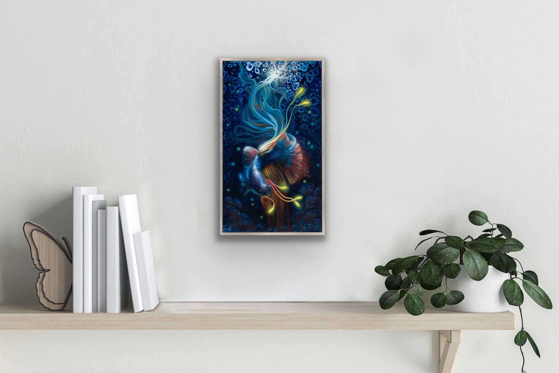 A painting of a fish swimming in the ocean.