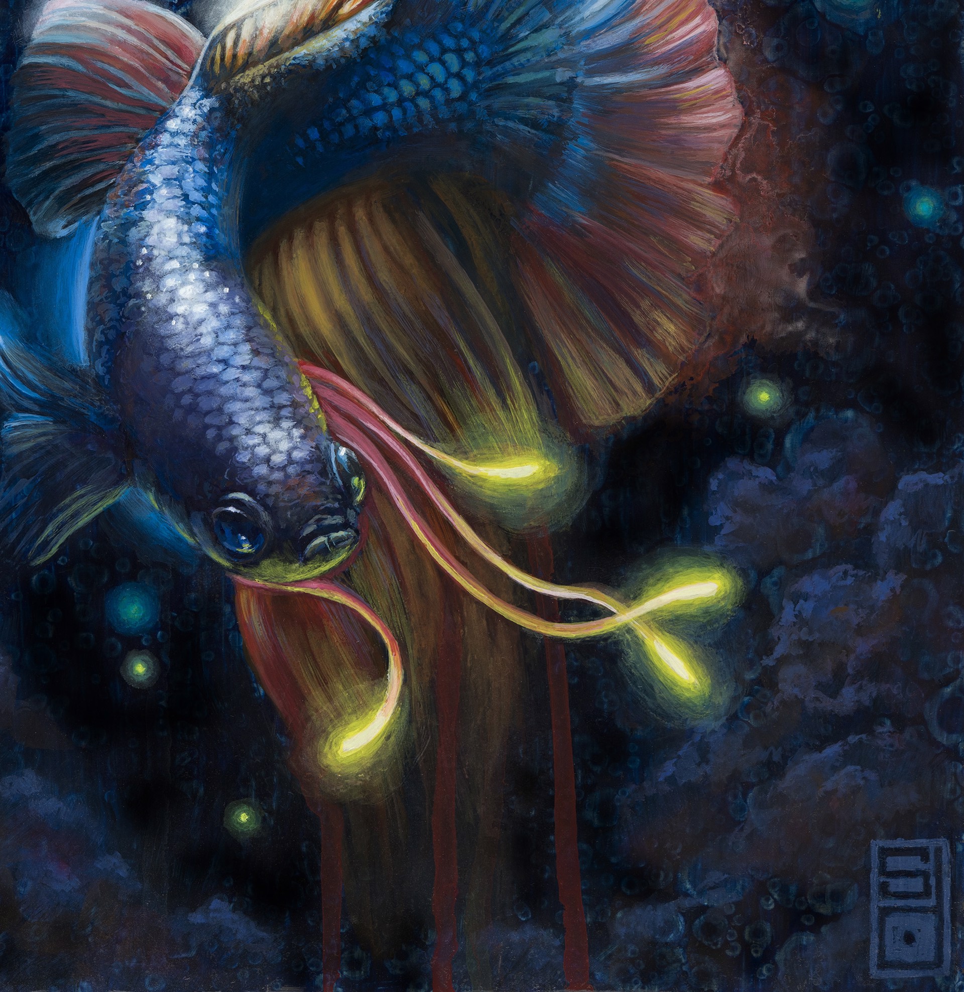 A painting of a fish swimming in the ocean.