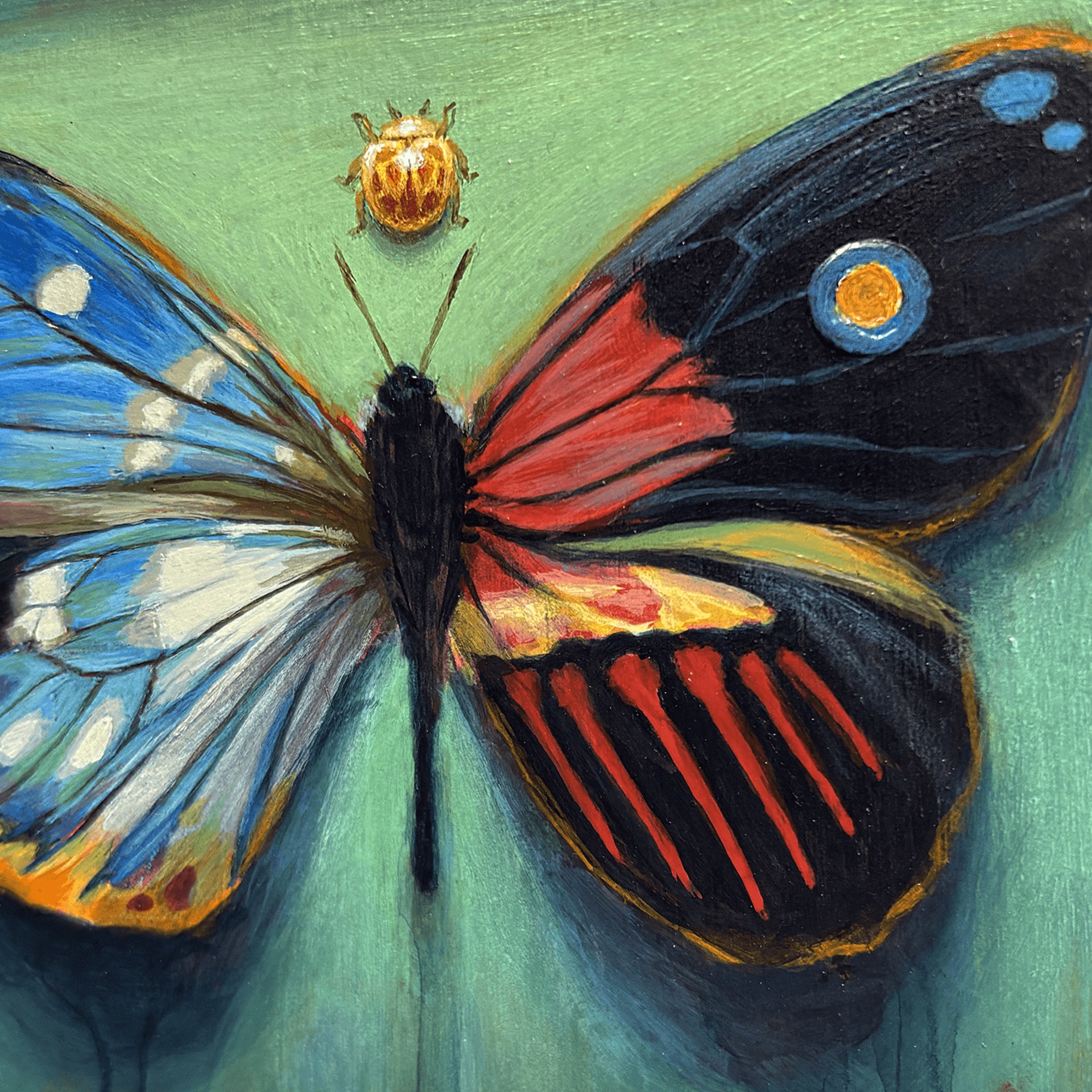 A painting of a butterfly and a ladybug on a green background.