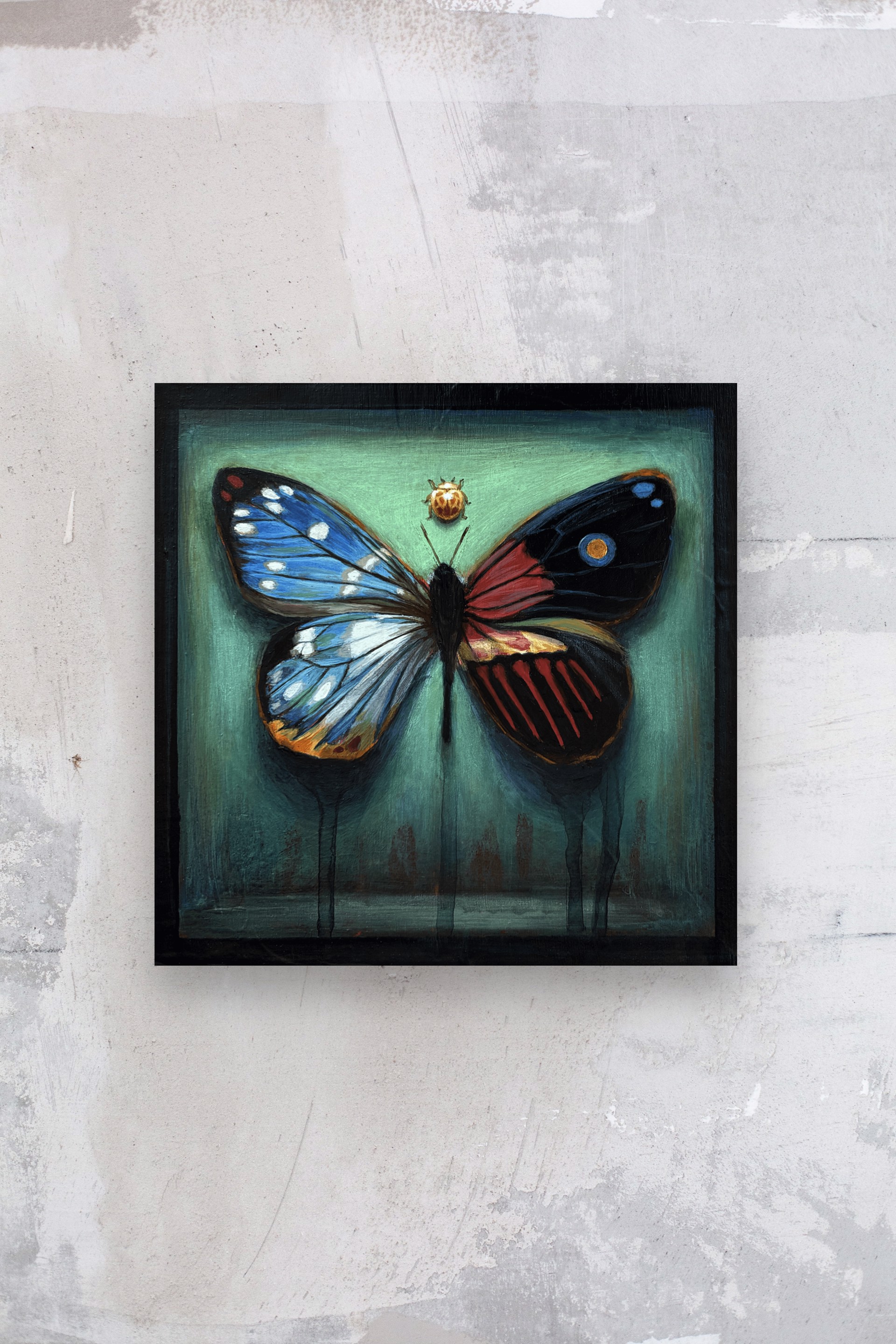 A painting of a butterfly and a ladybug on a green background.