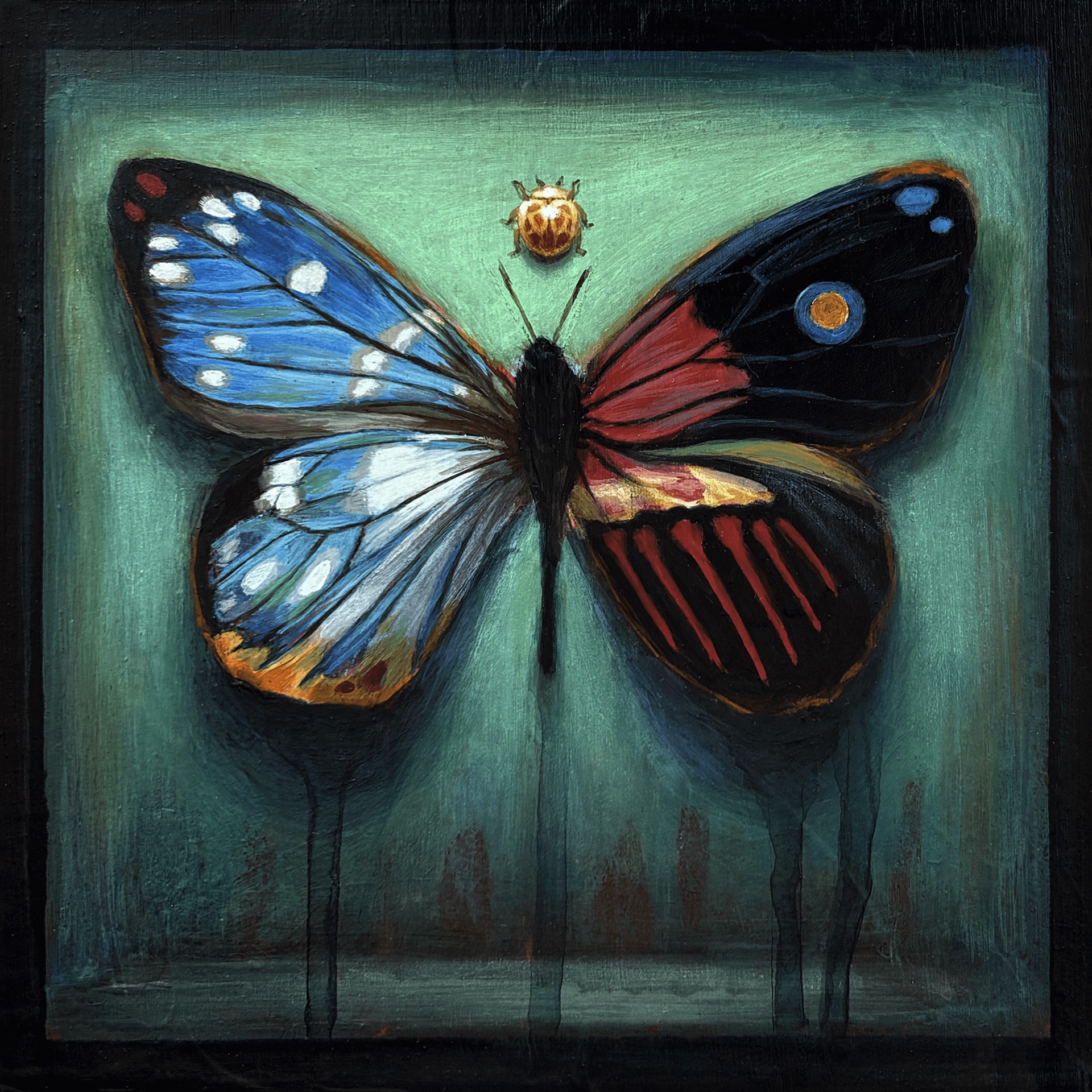 A painting of a butterfly and a ladybug on a green background.