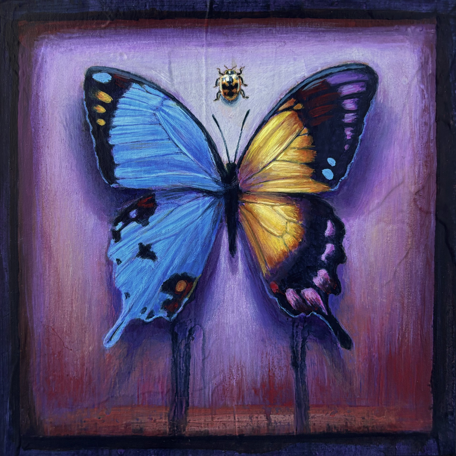 A painting of a butterfly and a ladybug on a purple background.