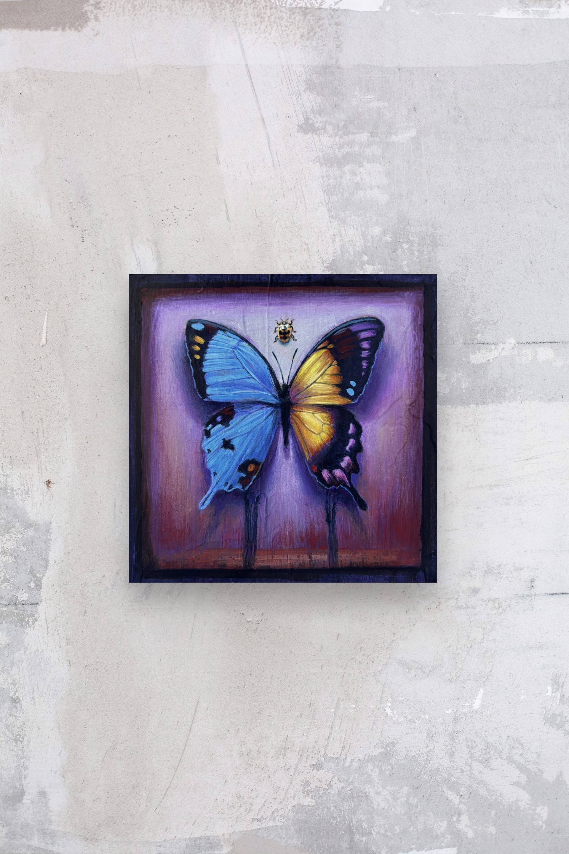 A painting of a butterfly and a ladybug on a purple background.