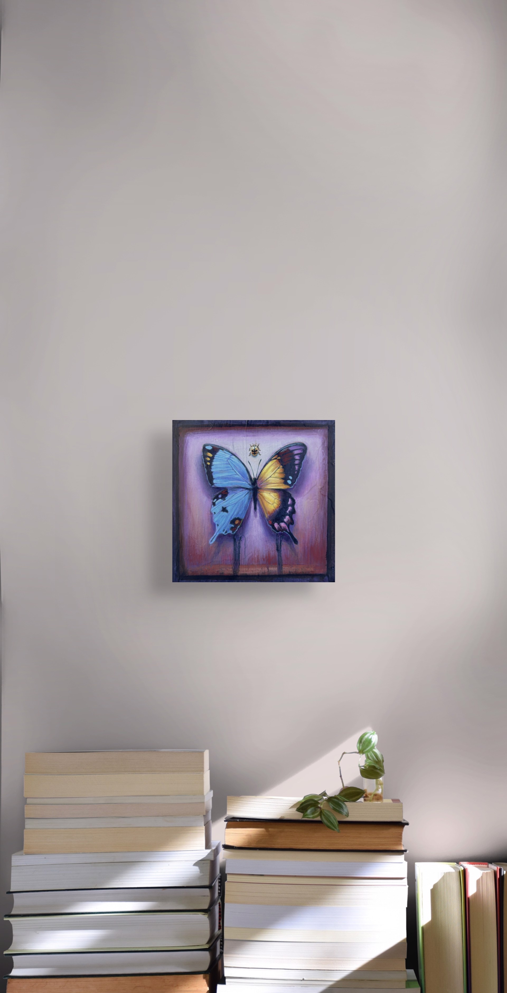 A painting of a butterfly and a ladybug on a purple background.