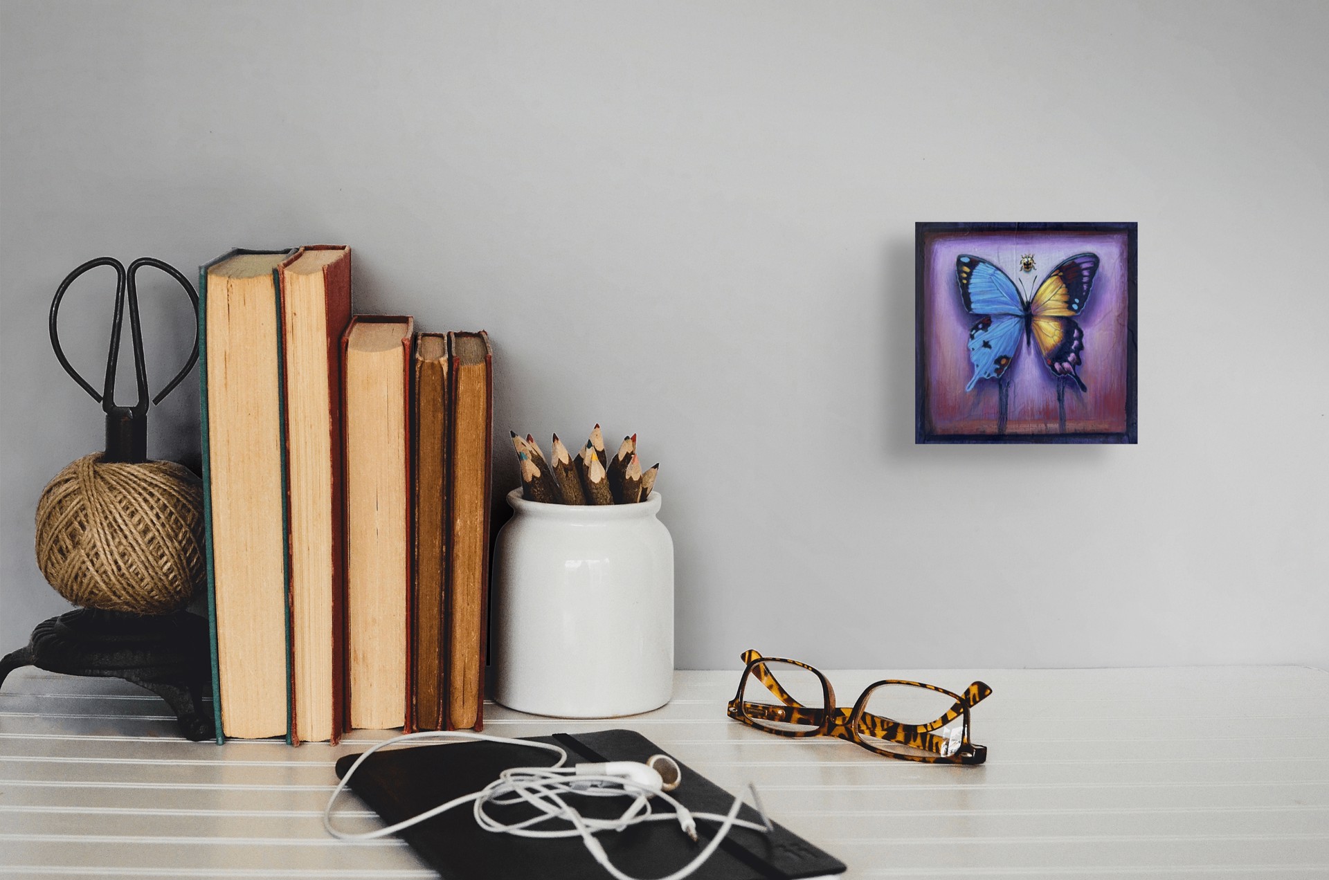 A painting of a butterfly and a ladybug on a purple background.