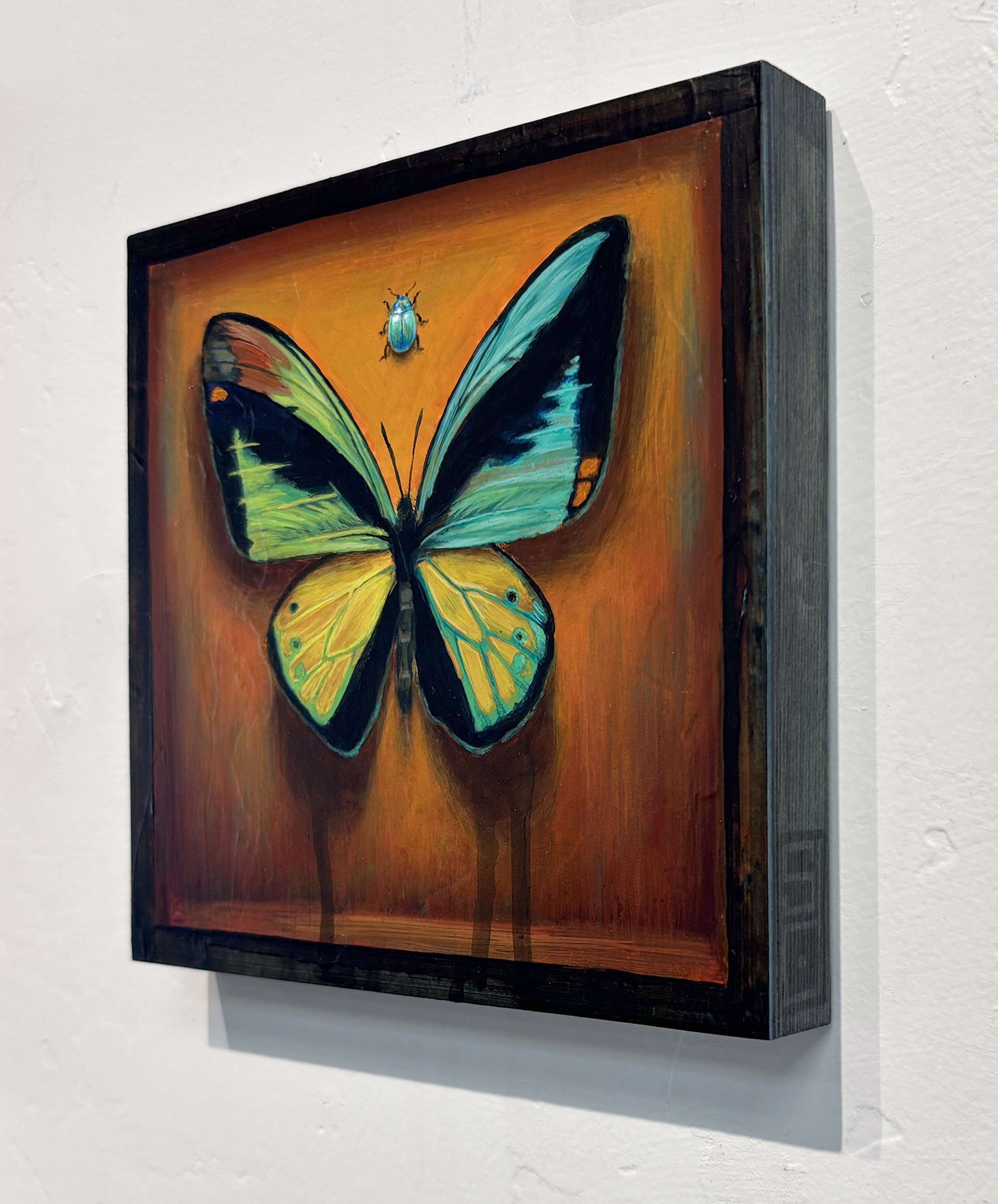 A vivid painting of a large butterfly with a tiny beetle hovering above against a warm, textured background.