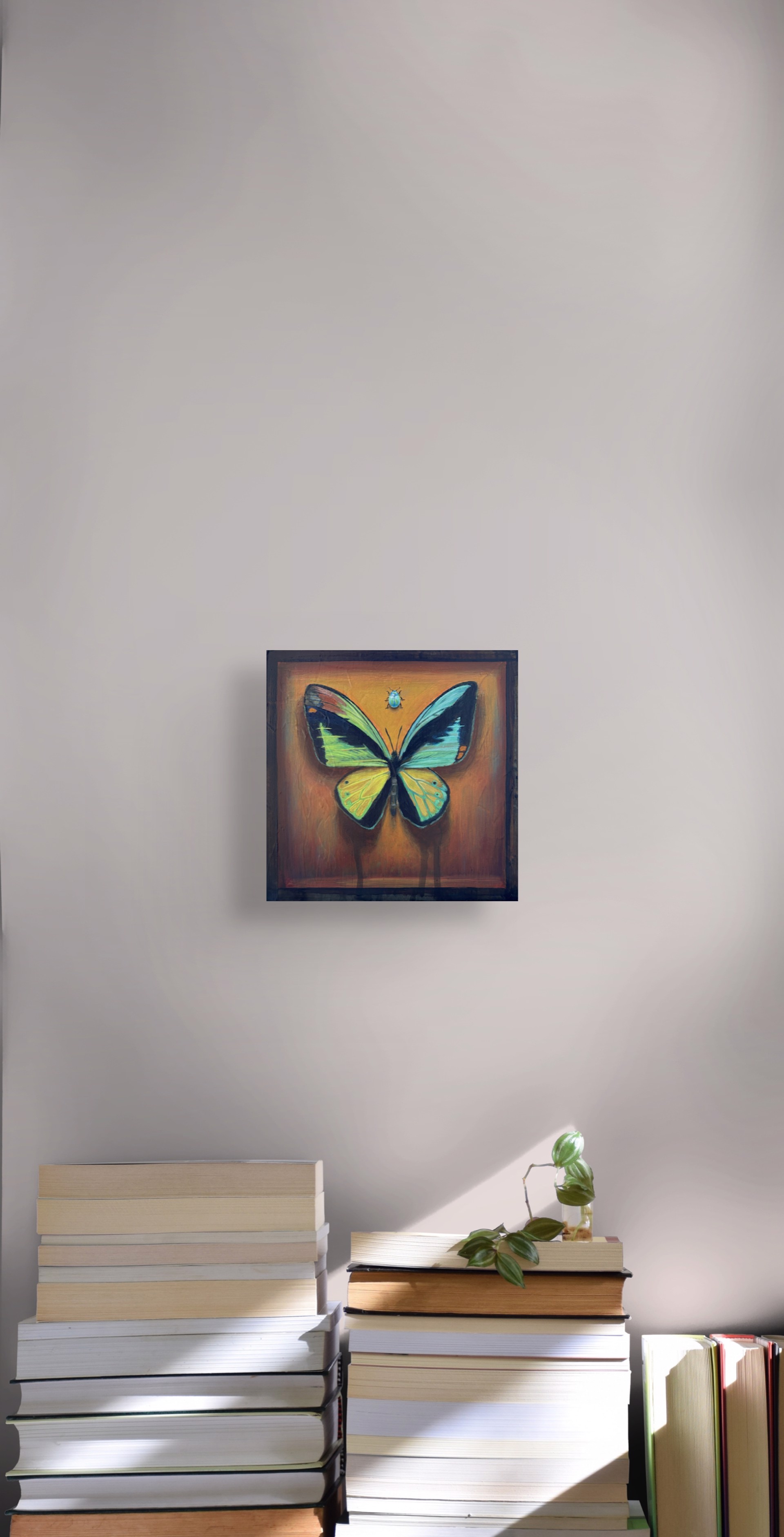 A vivid painting of a large butterfly with a tiny beetle hovering above against a warm, textured background.