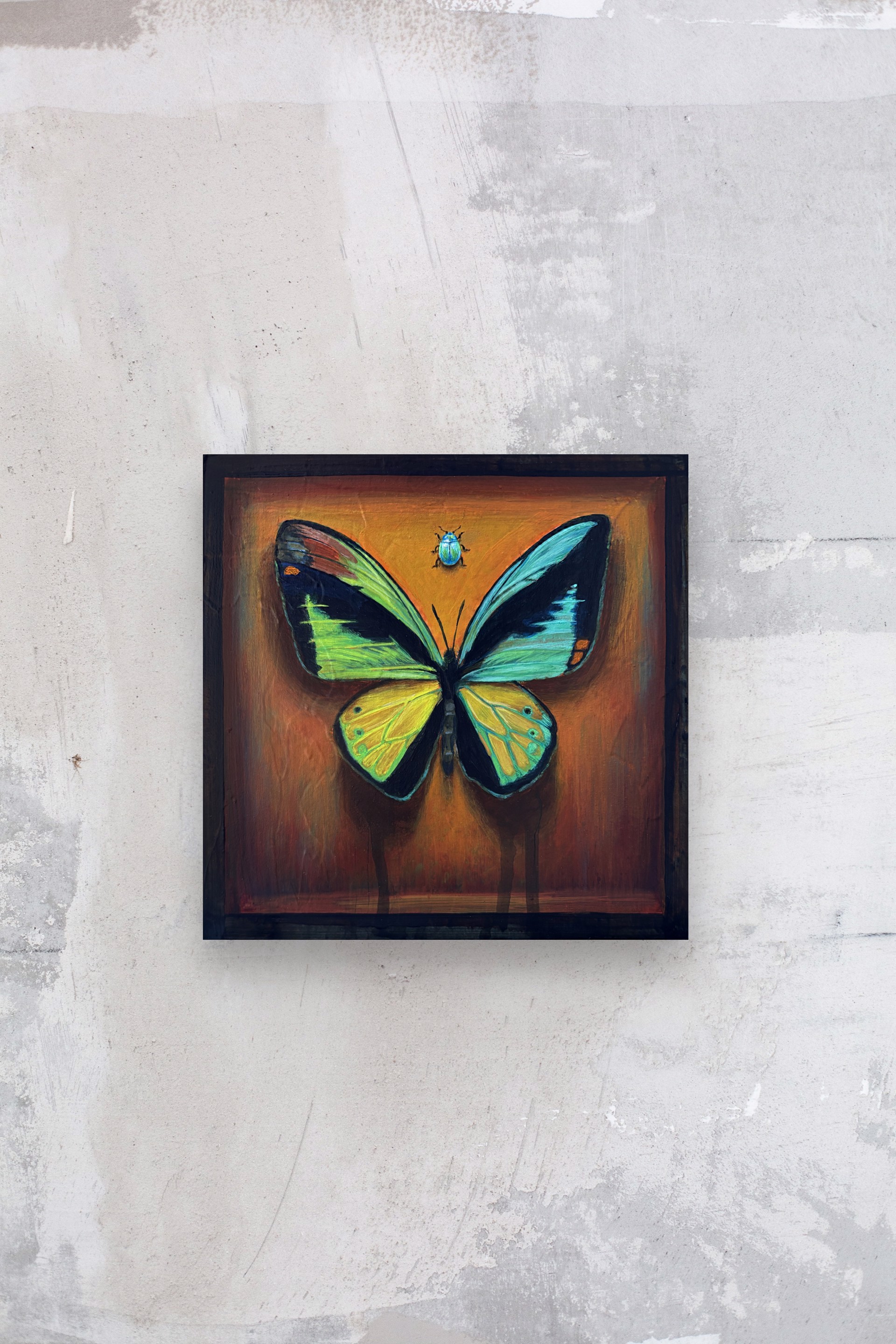 A vivid painting of a large butterfly with a tiny beetle hovering above against a warm, textured background.