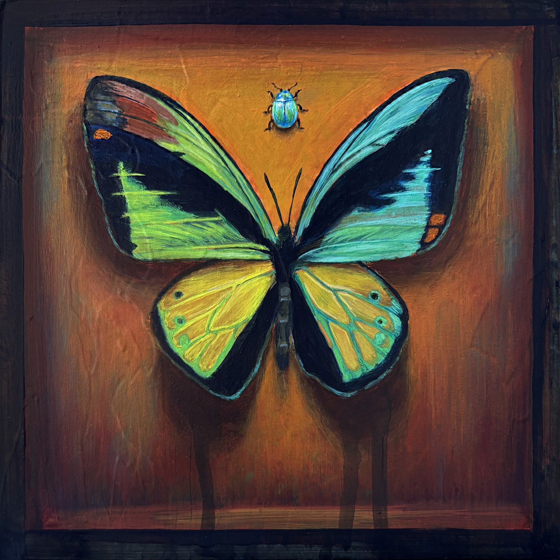 A vivid painting of a large butterfly with a tiny beetle hovering above against a warm, textured background.