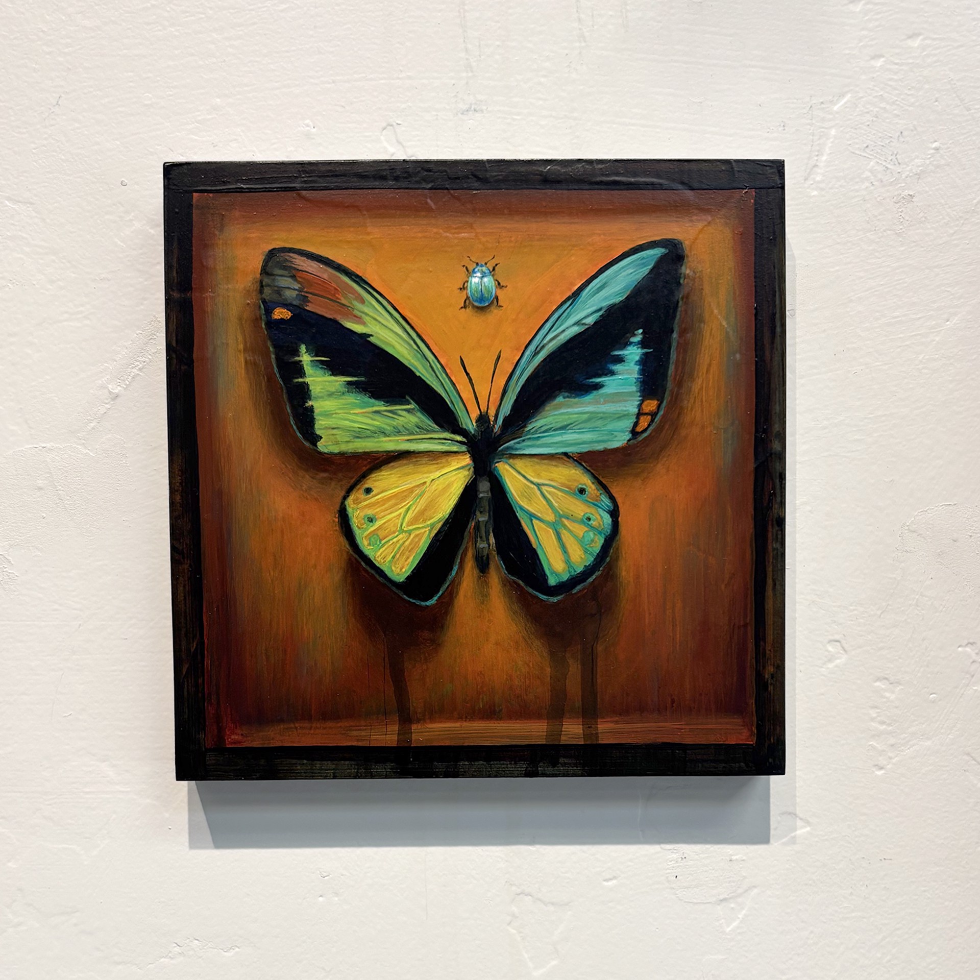 A vivid painting of a large butterfly with a tiny beetle hovering above against a warm, textured background.