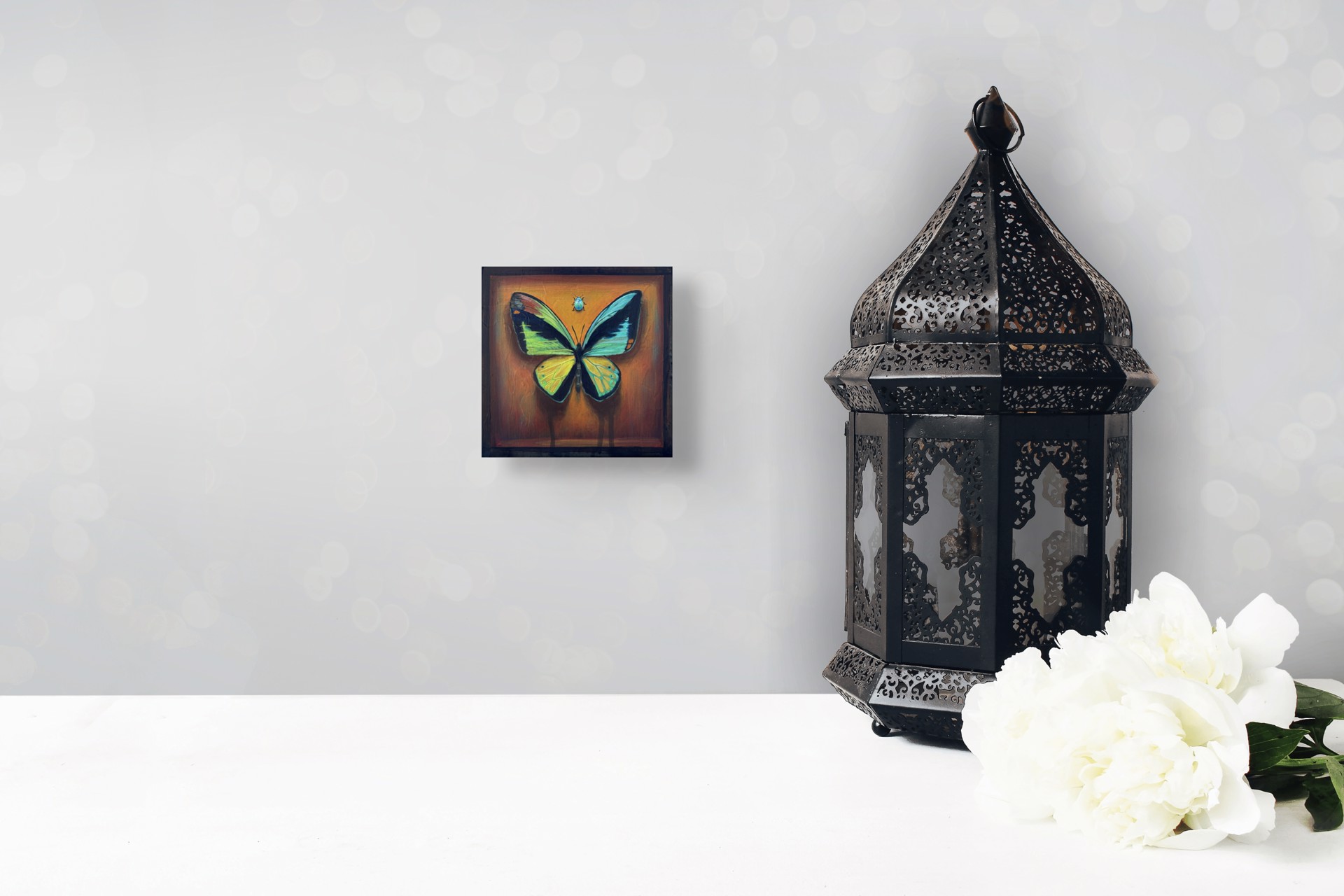 A vivid painting of a large butterfly with a tiny beetle hovering above against a warm, textured background.