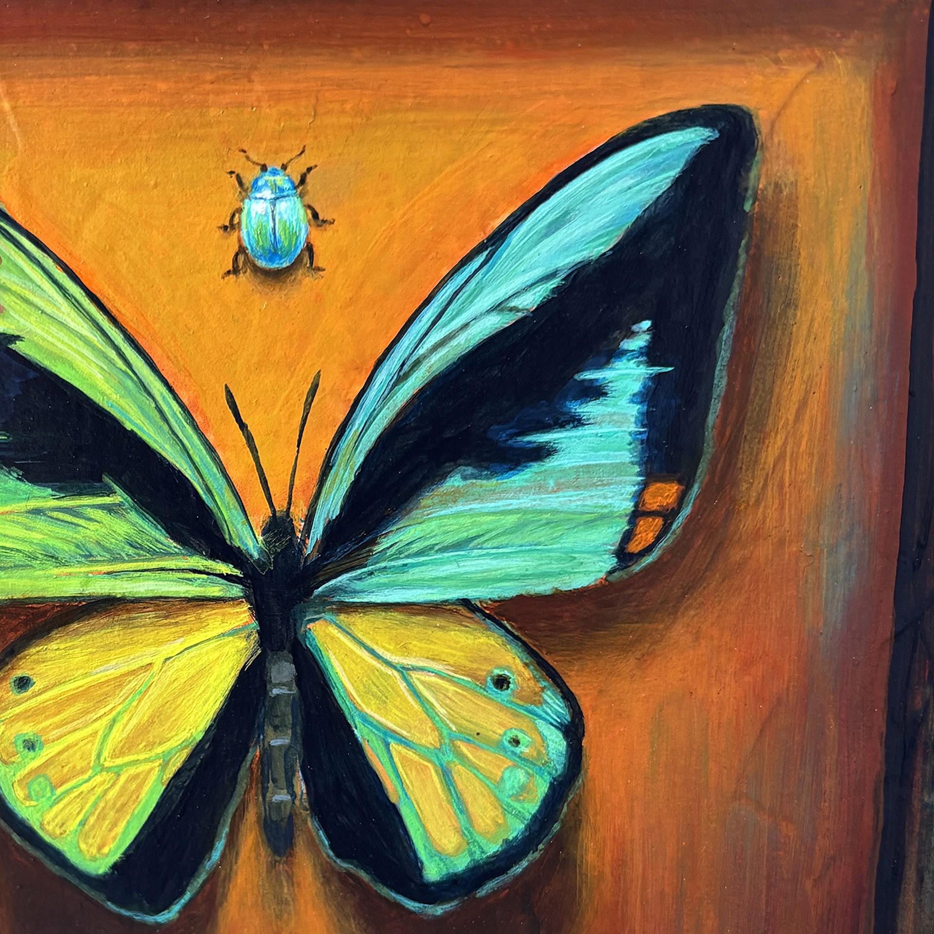 A vivid painting of a large butterfly with a tiny beetle hovering above against a warm, textured background.