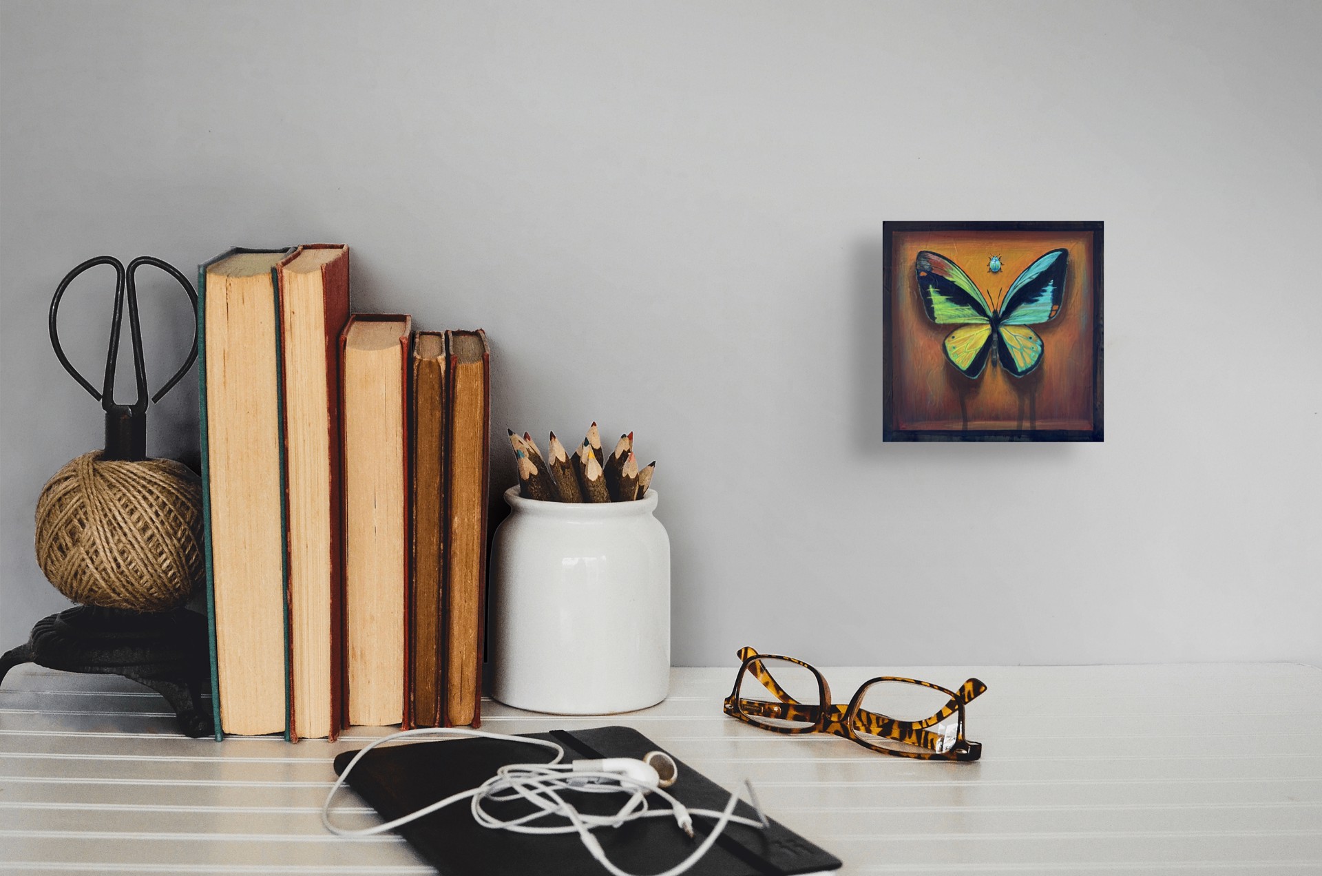 A vivid painting of a large butterfly with a tiny beetle hovering above against a warm, textured background.