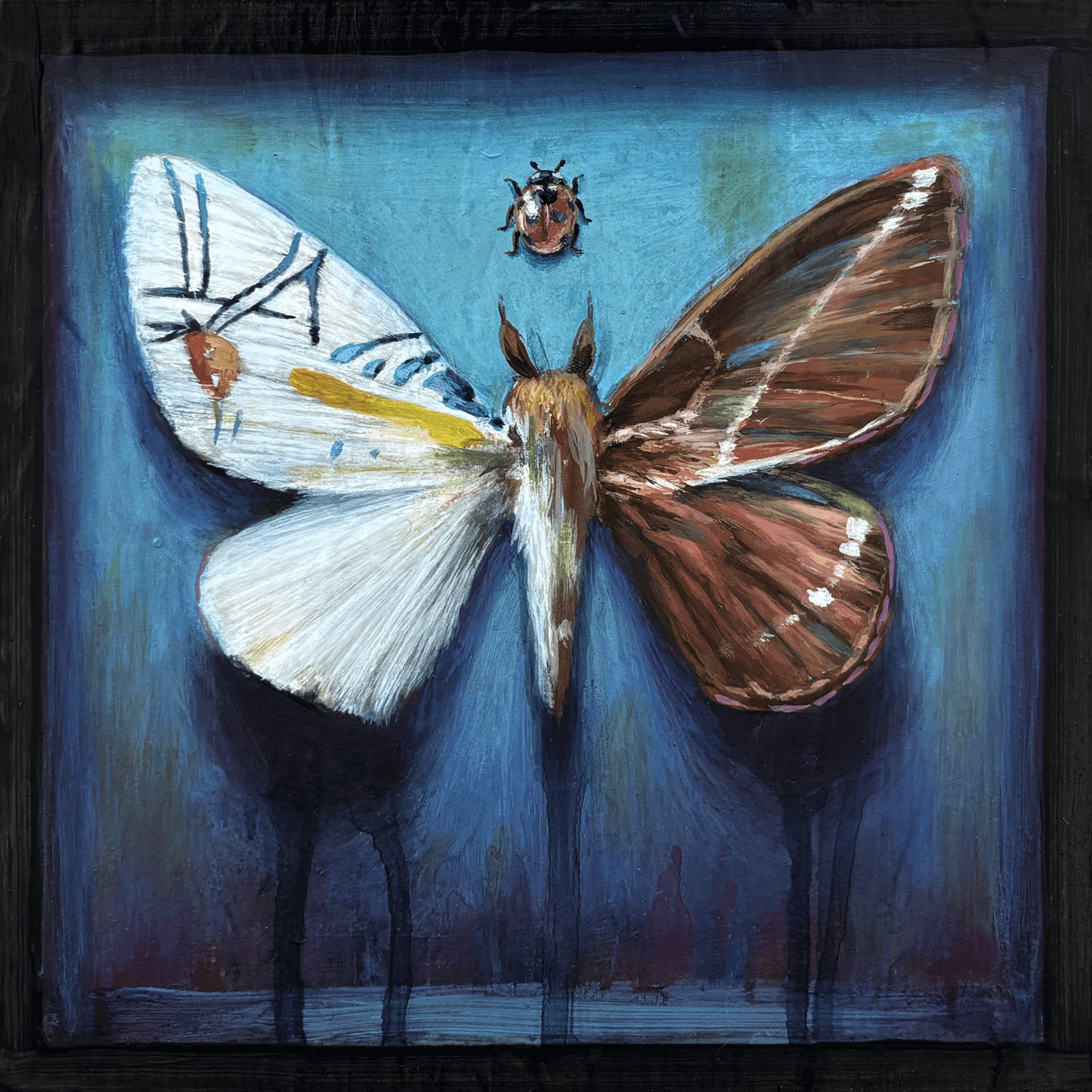 A painting of a moth and a ladybug on a blue background.