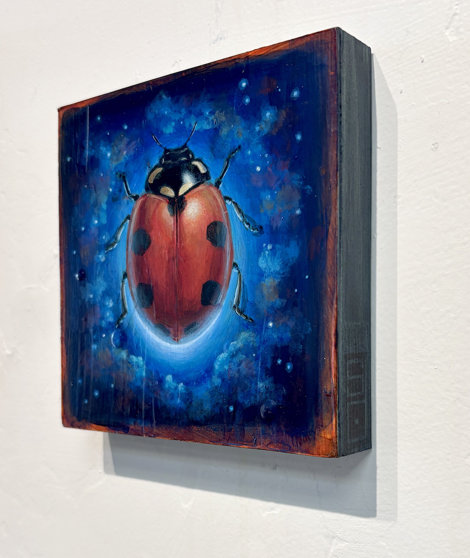 A cosmic ladybug hovering in a starry night sky.