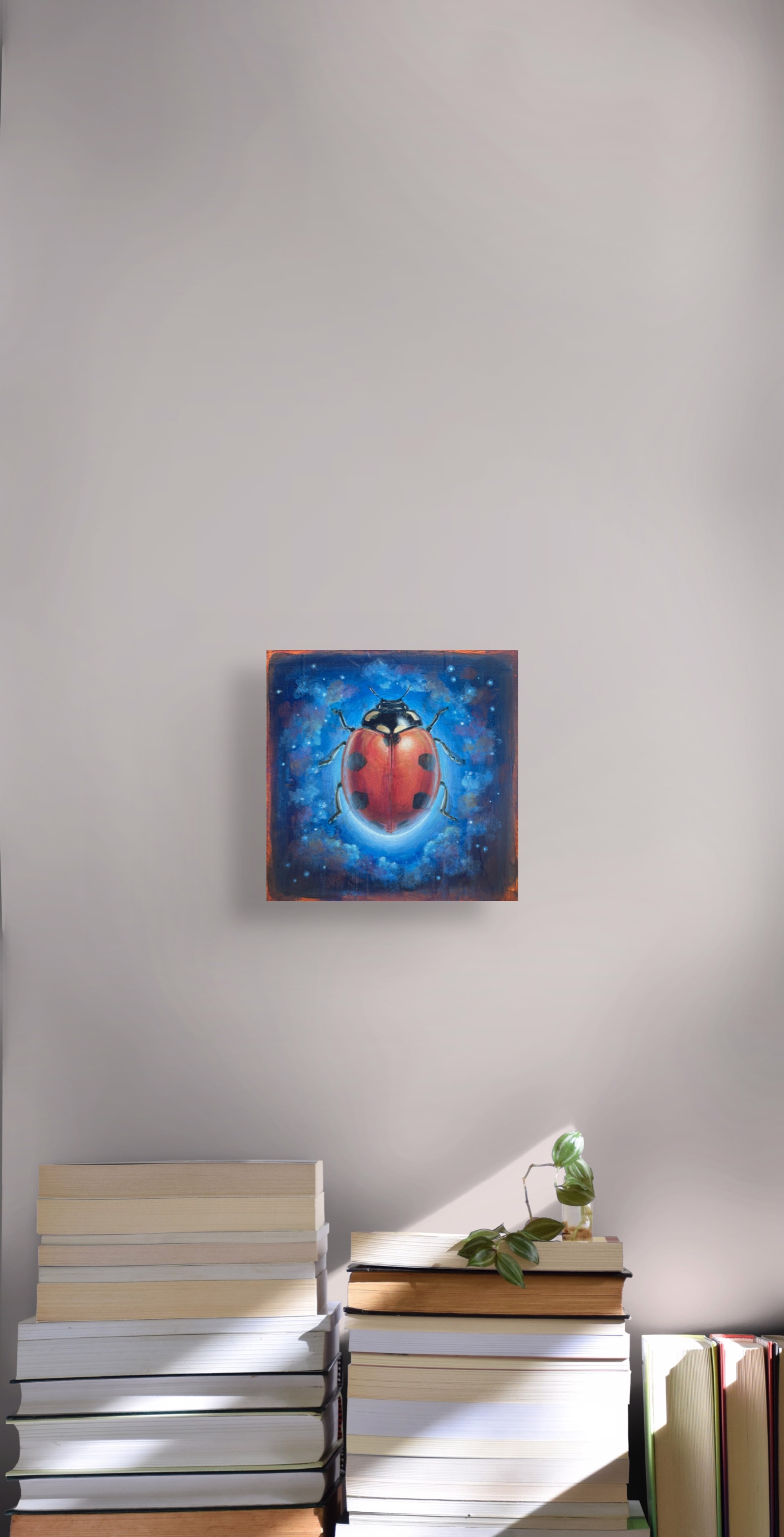 A cosmic ladybug hovering in a starry night sky.